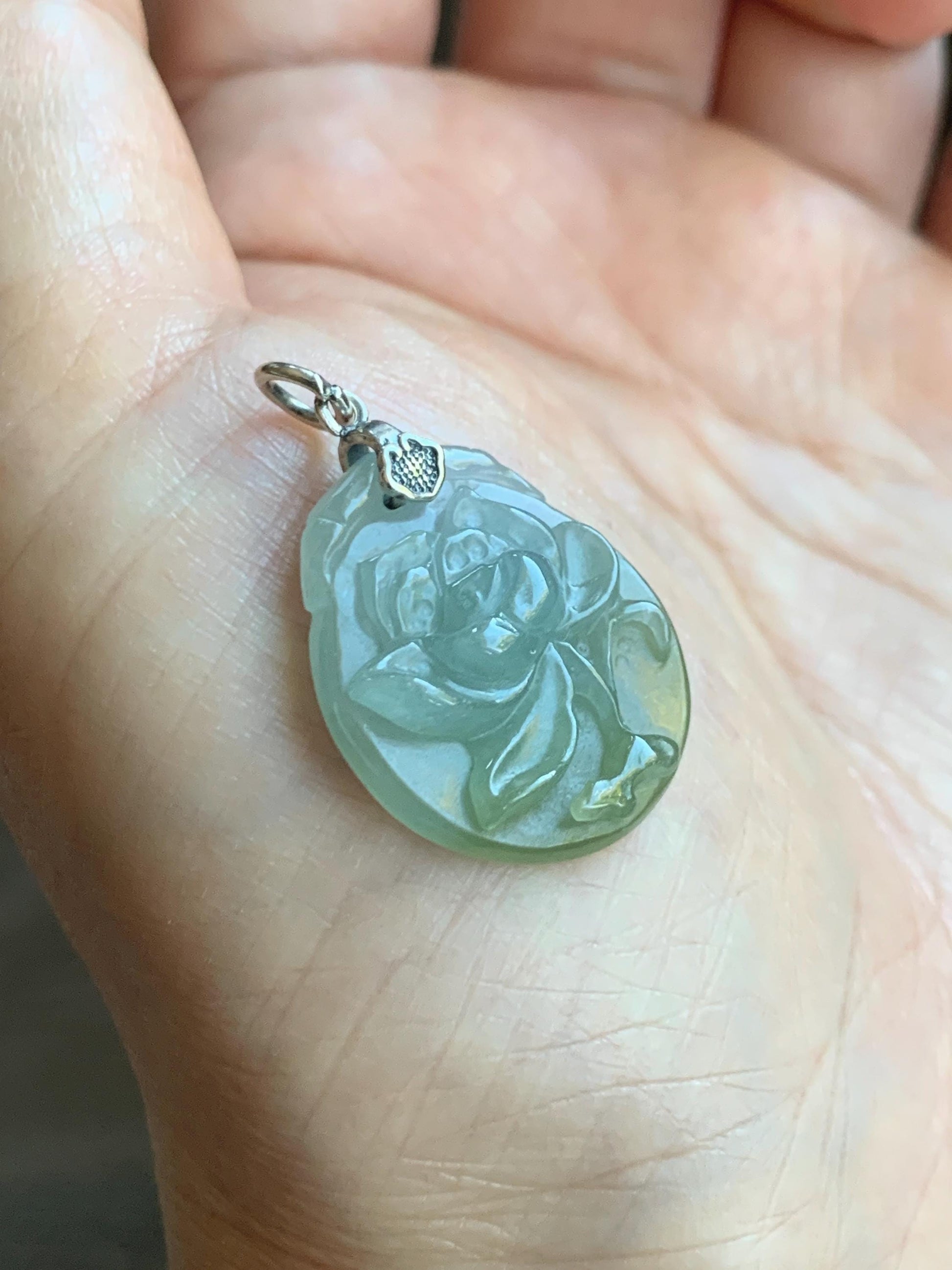 Natural Grade A Icy Translucent Dark Olive Green Jade Jadeite Carved Peony Flower Pendant Sterling Silver 5g 天然细糯橄榄绿翡翠牡丹花吊坠 MPY70B