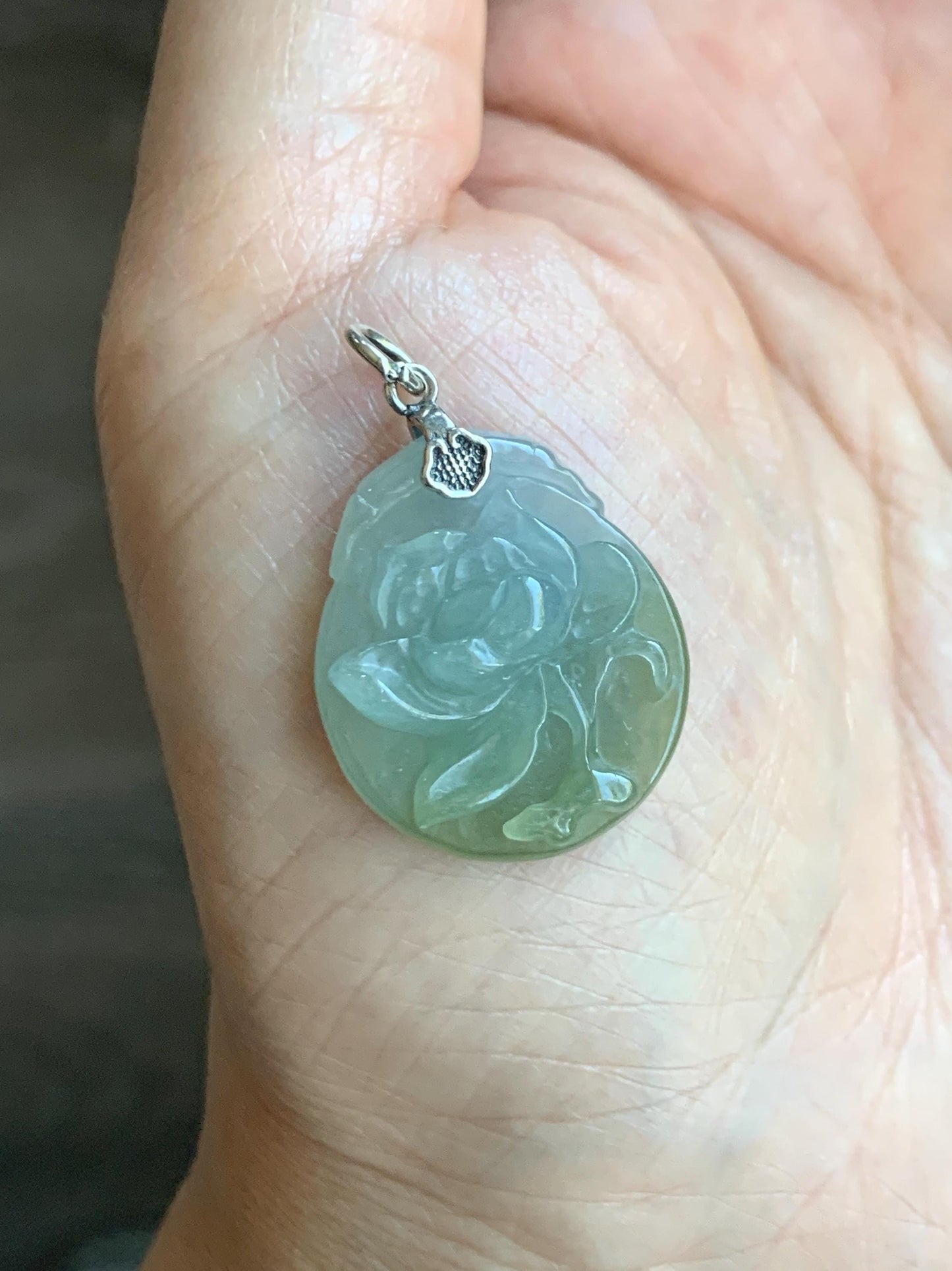 Natural Grade A Icy Translucent Dark Olive Green Jade Jadeite Carved Peony Flower Pendant Sterling Silver 5g 天然细糯橄榄绿翡翠牡丹花吊坠 MPY70B