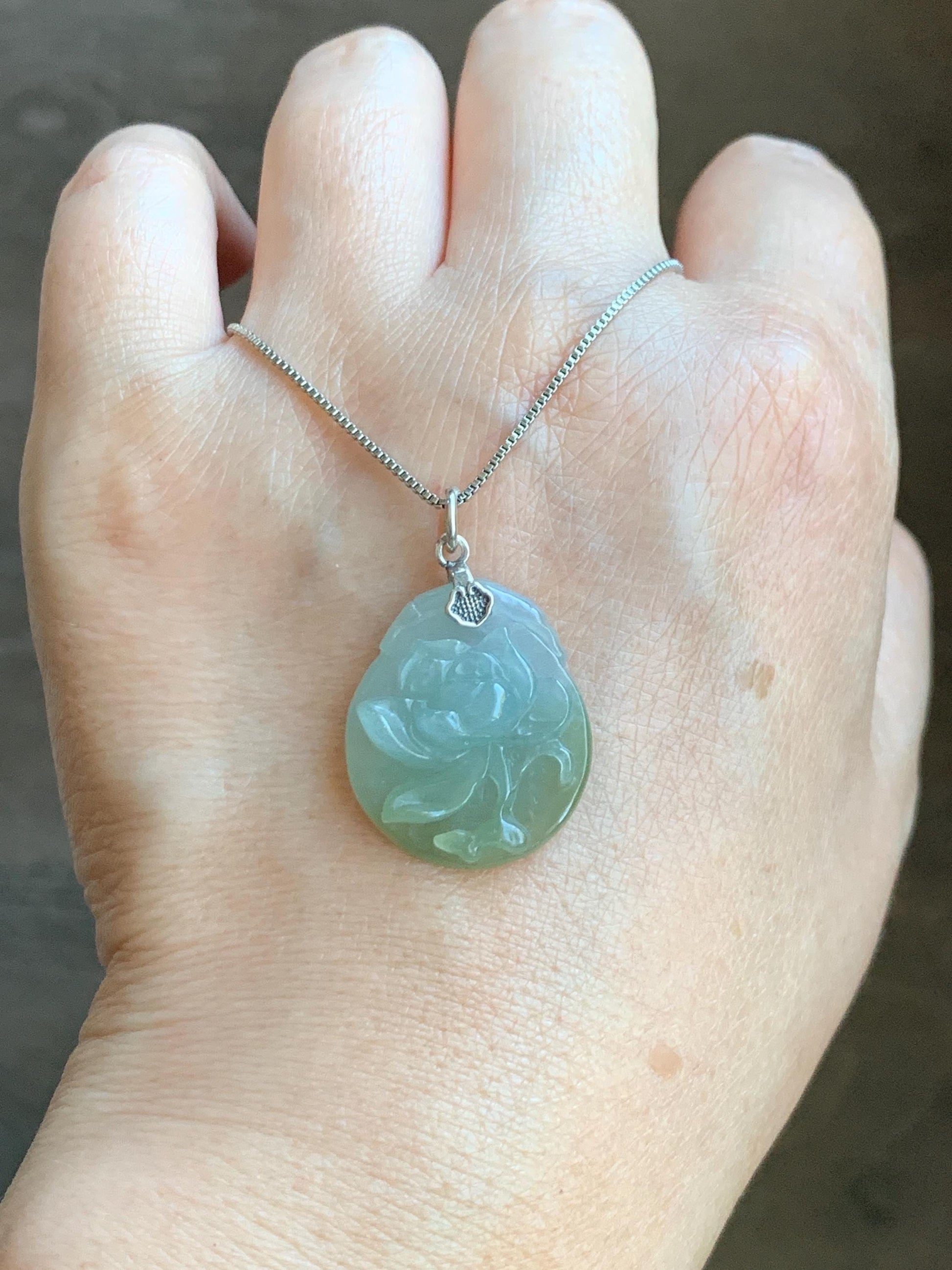 Natural Grade A Icy Translucent Dark Olive Green Jade Jadeite Carved Peony Flower Pendant Sterling Silver 5g 天然细糯橄榄绿翡翠牡丹花吊坠 MPY70B