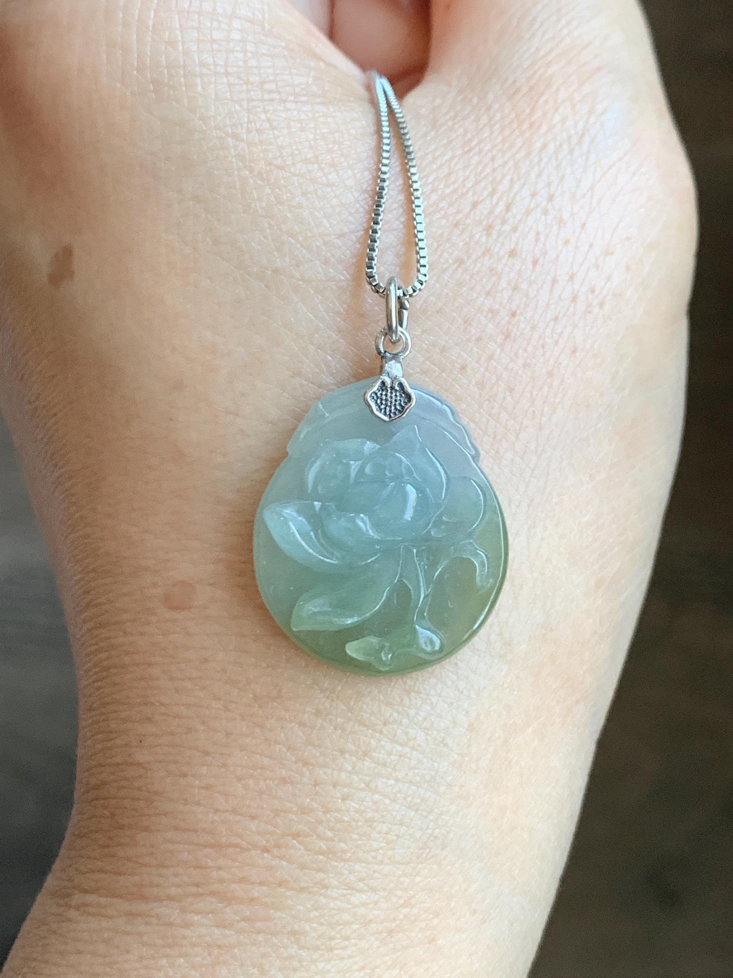 Natural Grade A Icy Translucent Dark Olive Green Jade Jadeite Carved Peony Flower Pendant Sterling Silver 5g 天然细糯橄榄绿翡翠牡丹花吊坠 MPY70B