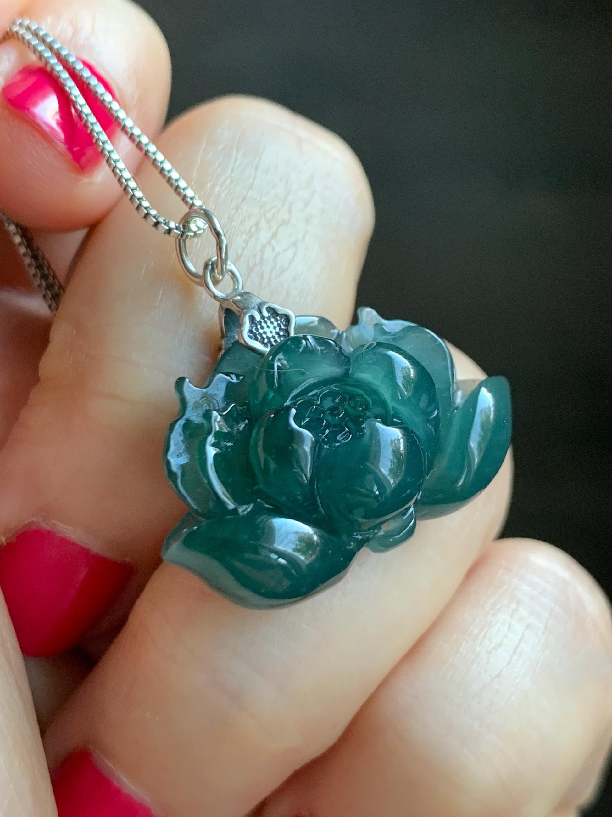 Natural Grade A Guatemalan Icy Translucent Dark Teal Jade Jadeite Carved Lotus Flower Pendant Sterling Silver 6g 天然冰危深蓝翡翠莲花吊坠 LHW330