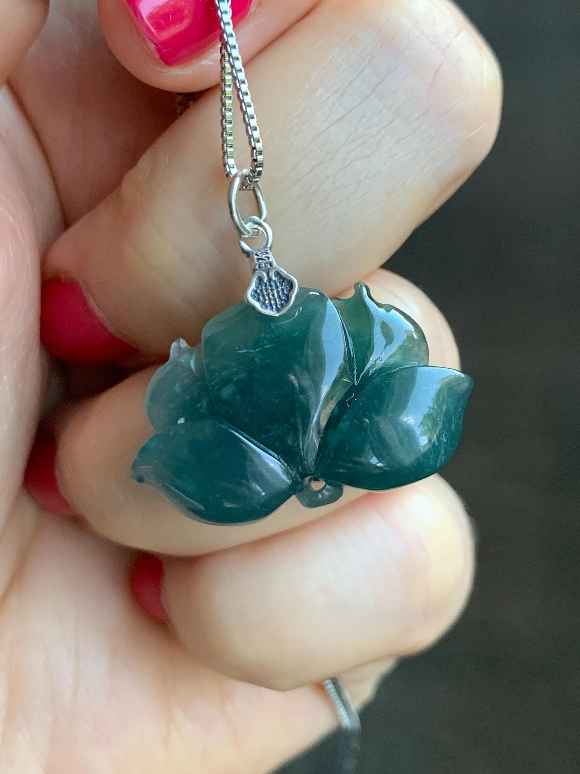 Natural Grade A Guatemalan Icy Translucent Dark Teal Jade Jadeite Carved Lotus Flower Pendant Sterling Silver 6g 天然冰危深蓝翡翠莲花吊坠 LHW330