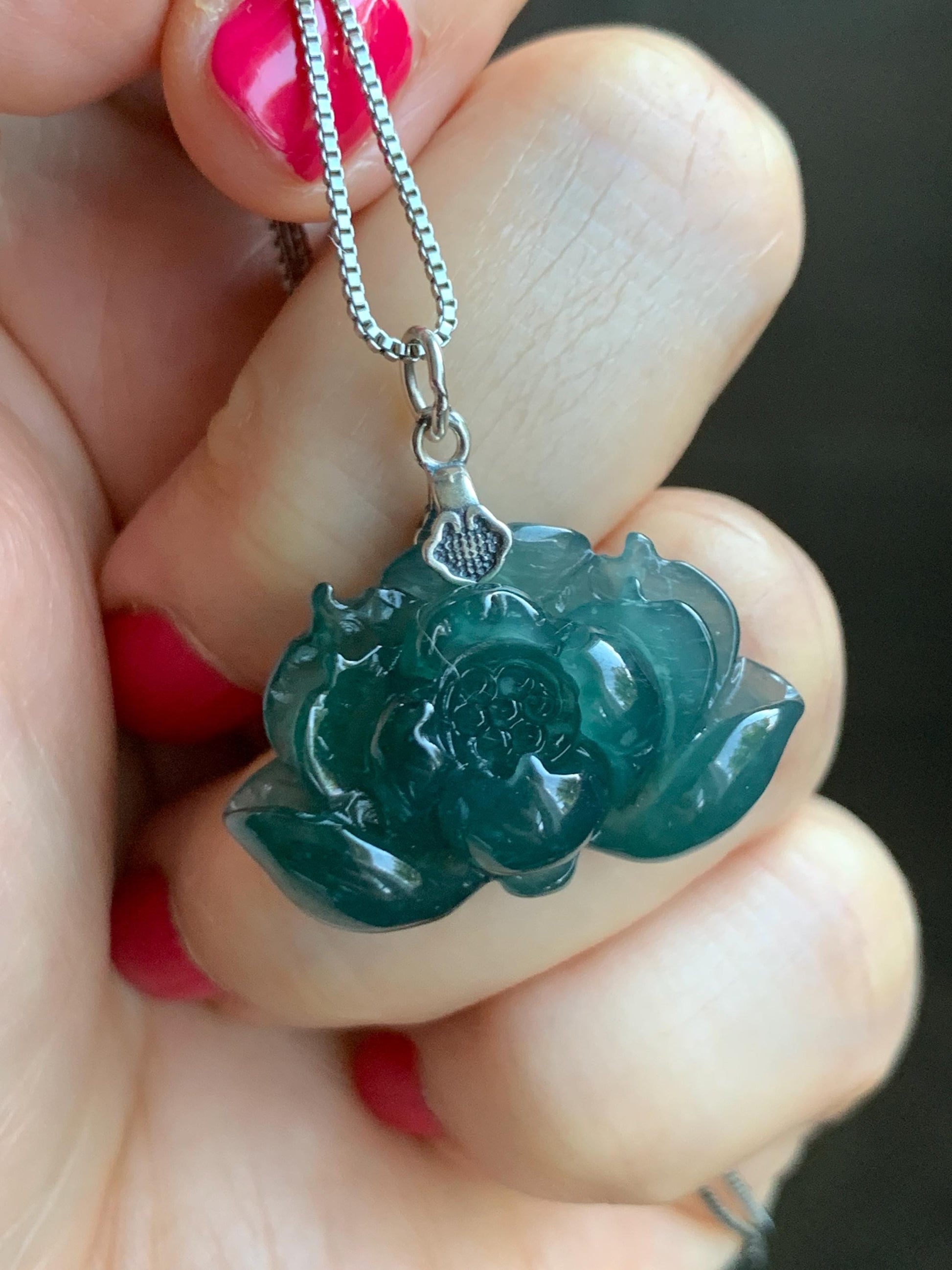 Natural Grade A Guatemalan Icy Translucent Dark Teal Jade Jadeite Carved Lotus Flower Pendant Sterling Silver 6g 天然冰危深蓝翡翠莲花吊坠 LHW330
