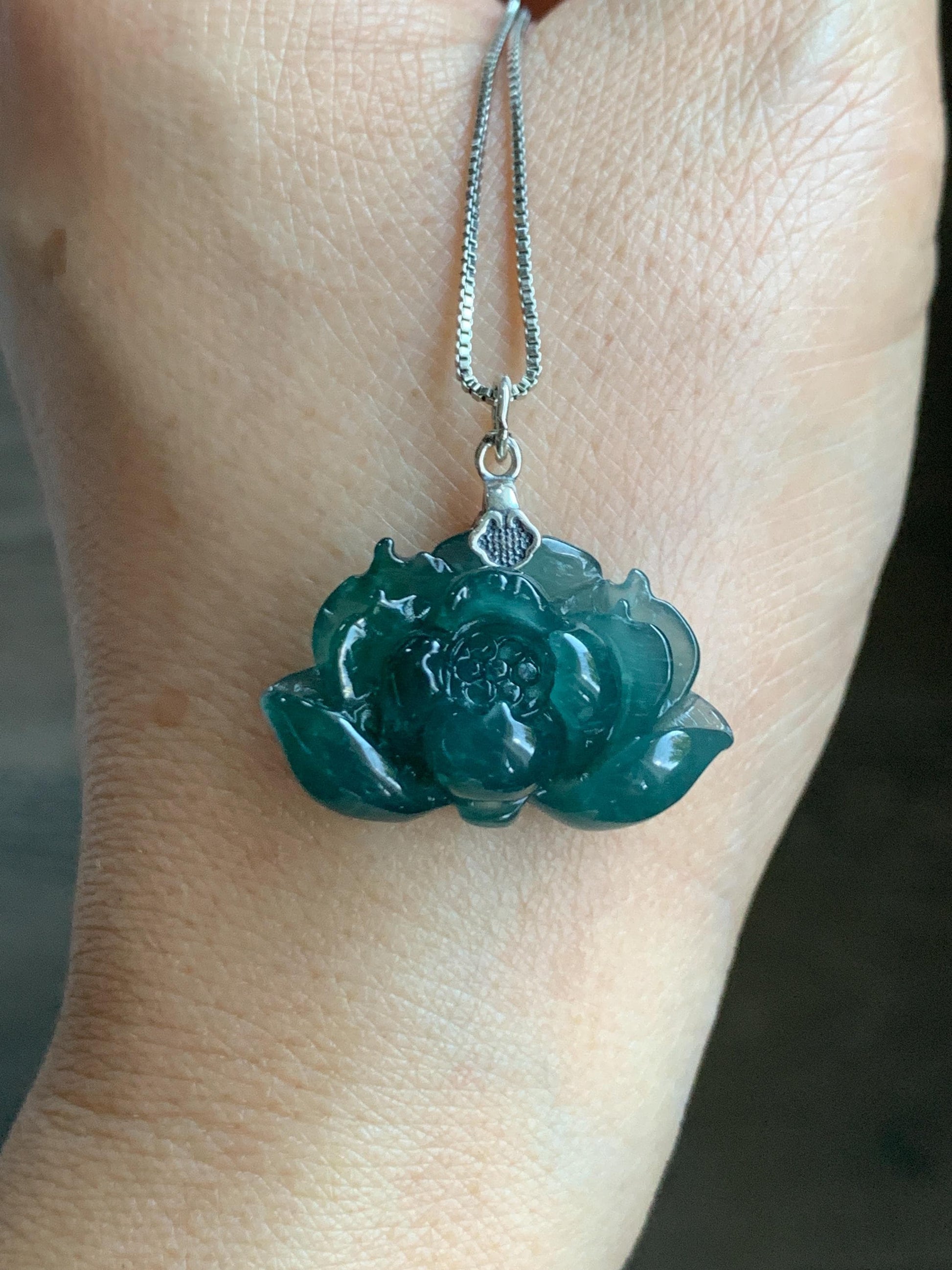 Natural Grade A Guatemalan Icy Translucent Dark Teal Jade Jadeite Carved Lotus Flower Pendant Sterling Silver 6g 天然冰危深蓝翡翠莲花吊坠 LHW330