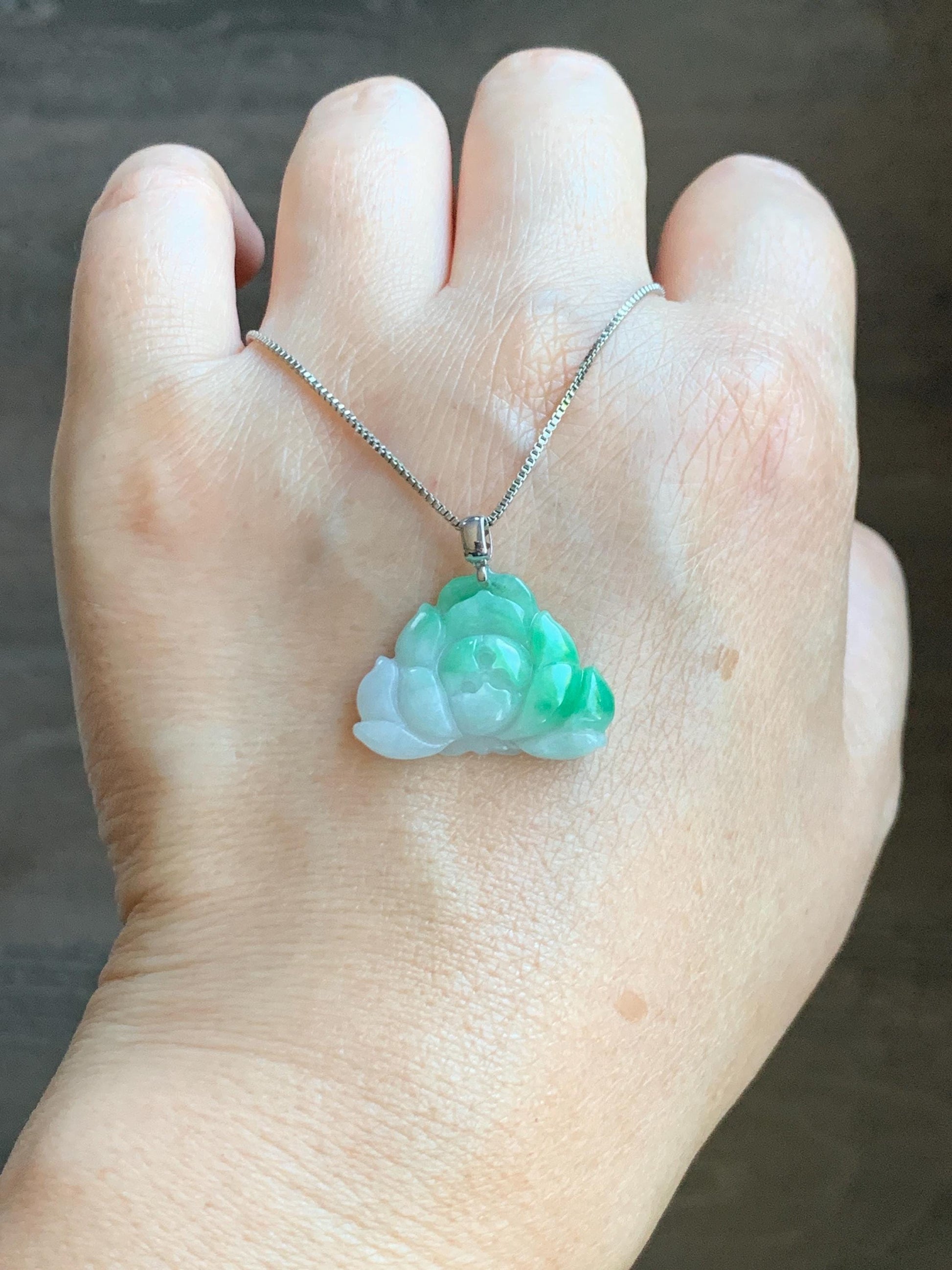 Natural Grade A Icy Translucent White & Green Marbled Jade Jadeite Lotus Flower Pendant 18K White Gold 3g 天然细糯白第青花翡翠莲花镶嵌吊坠 MBQ560