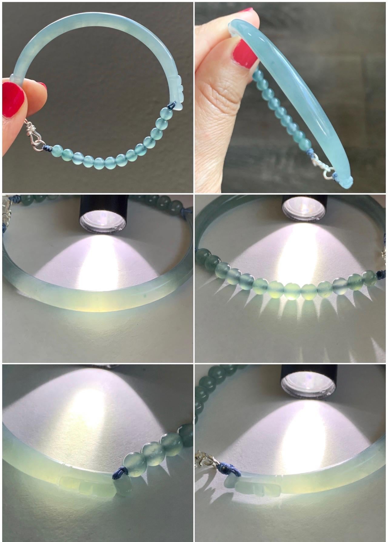 Natural Guatemalan Icy Translucent Pastel Dusty Blue Jade Jadeite Half Bangle Beaded Bracelet Sterling Silver 7.25” 11g 天然冰危淡篮翡翠半镯手串 MBZ163