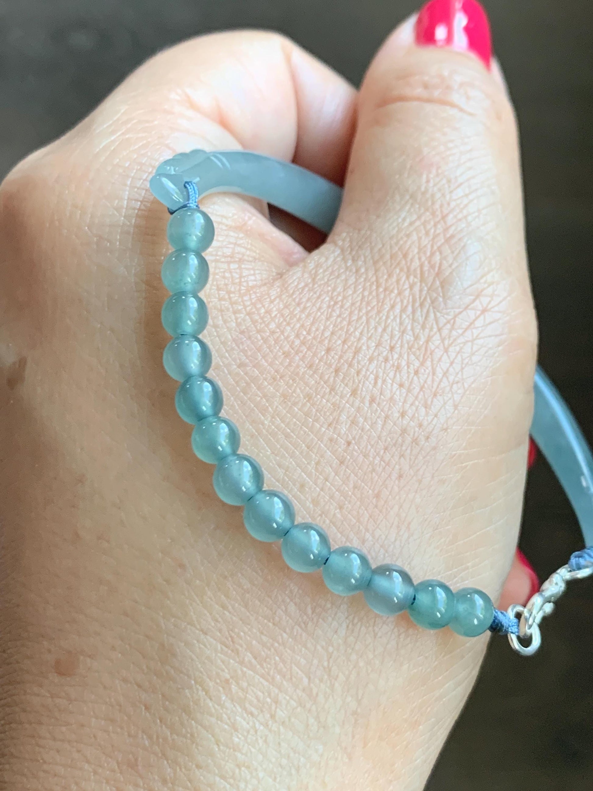 Natural Guatemalan Icy Translucent Pastel Dusty Blue Jade Jadeite Half Bangle Beaded Bracelet Sterling Silver 7.25” 11g 天然冰危淡篮翡翠半镯手串 MBZ163