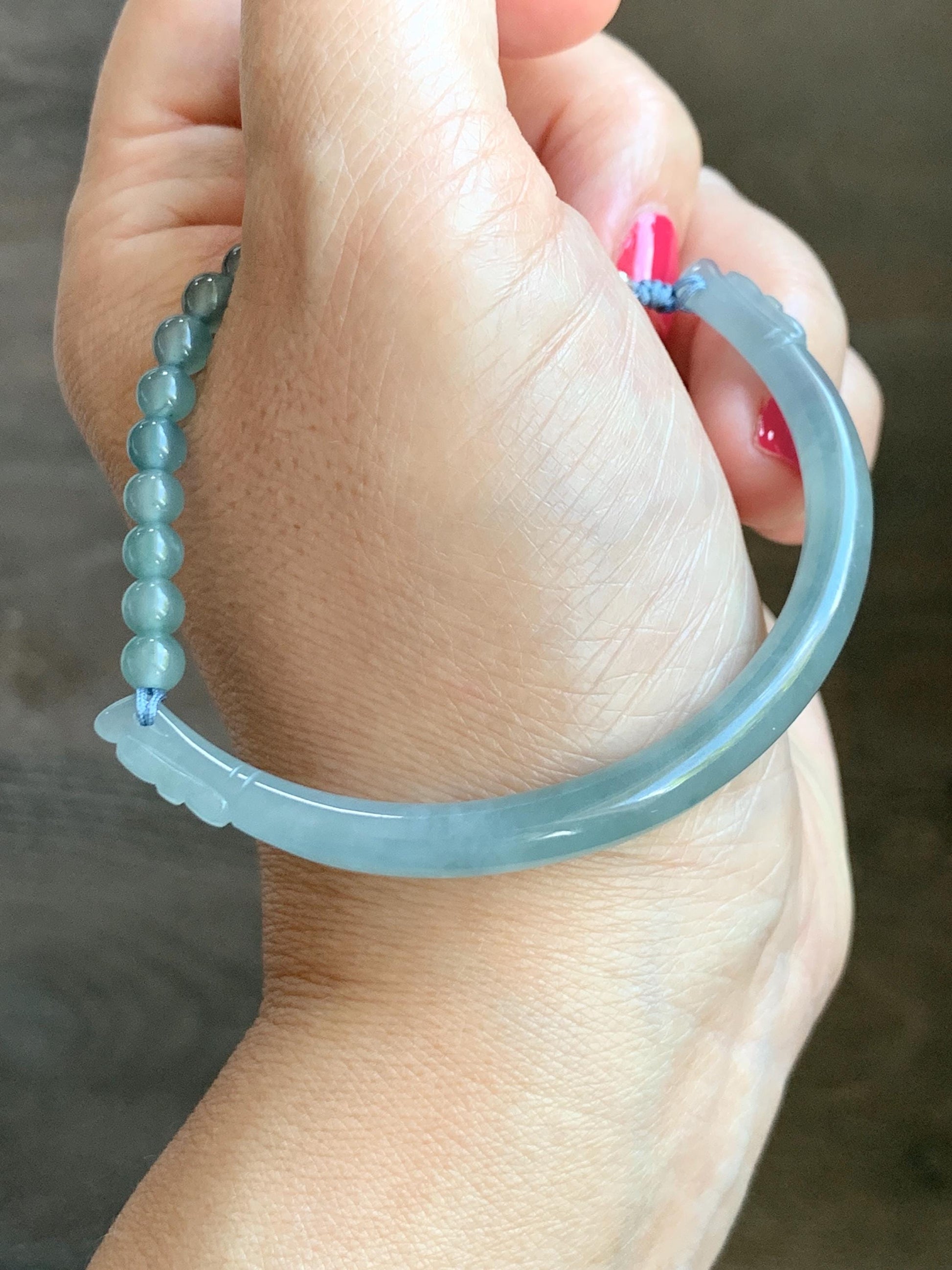 Natural Guatemalan Icy Translucent Pastel Dusty Blue Jade Jadeite Half Bangle Beaded Bracelet Sterling Silver 7.25” 11g 天然冰危淡篮翡翠半镯手串 MBZ163
