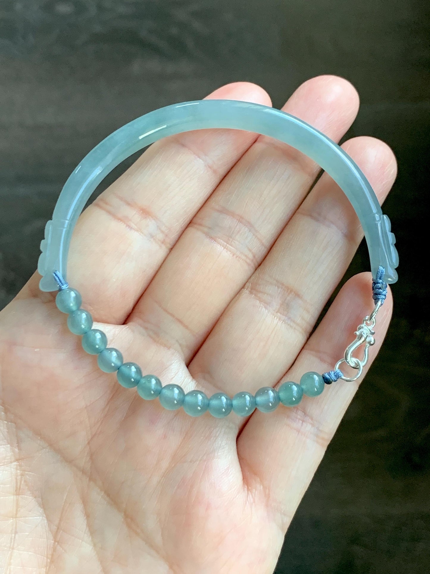 Natural Guatemalan Icy Translucent Pastel Dusty Blue Jade Jadeite Half Bangle Beaded Bracelet Sterling Silver 7.25” 11g 天然冰危淡篮翡翠半镯手串 MBZ163