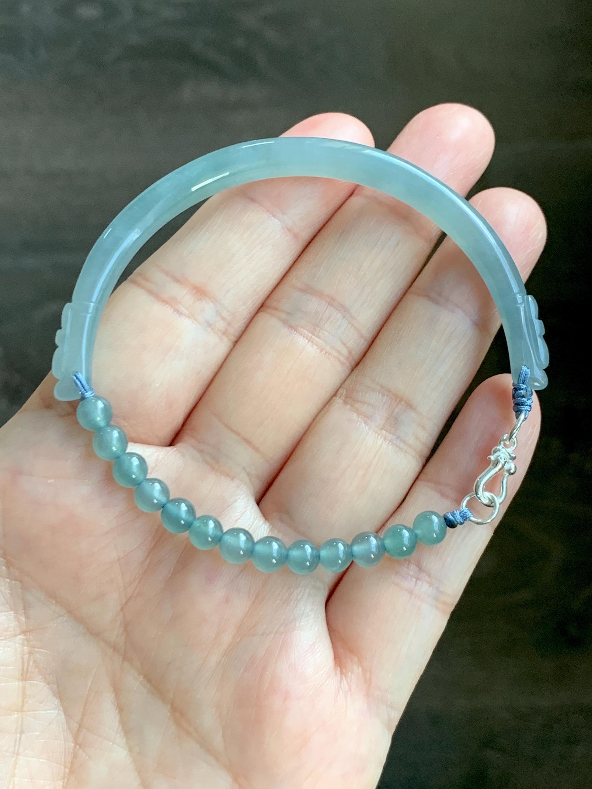 Natural Guatemalan Icy Translucent Pastel Dusty Blue Jade Jadeite Half Bangle Beaded Bracelet Sterling Silver 7.25” 11g 天然冰危淡篮翡翠半镯手串 MBZ163
