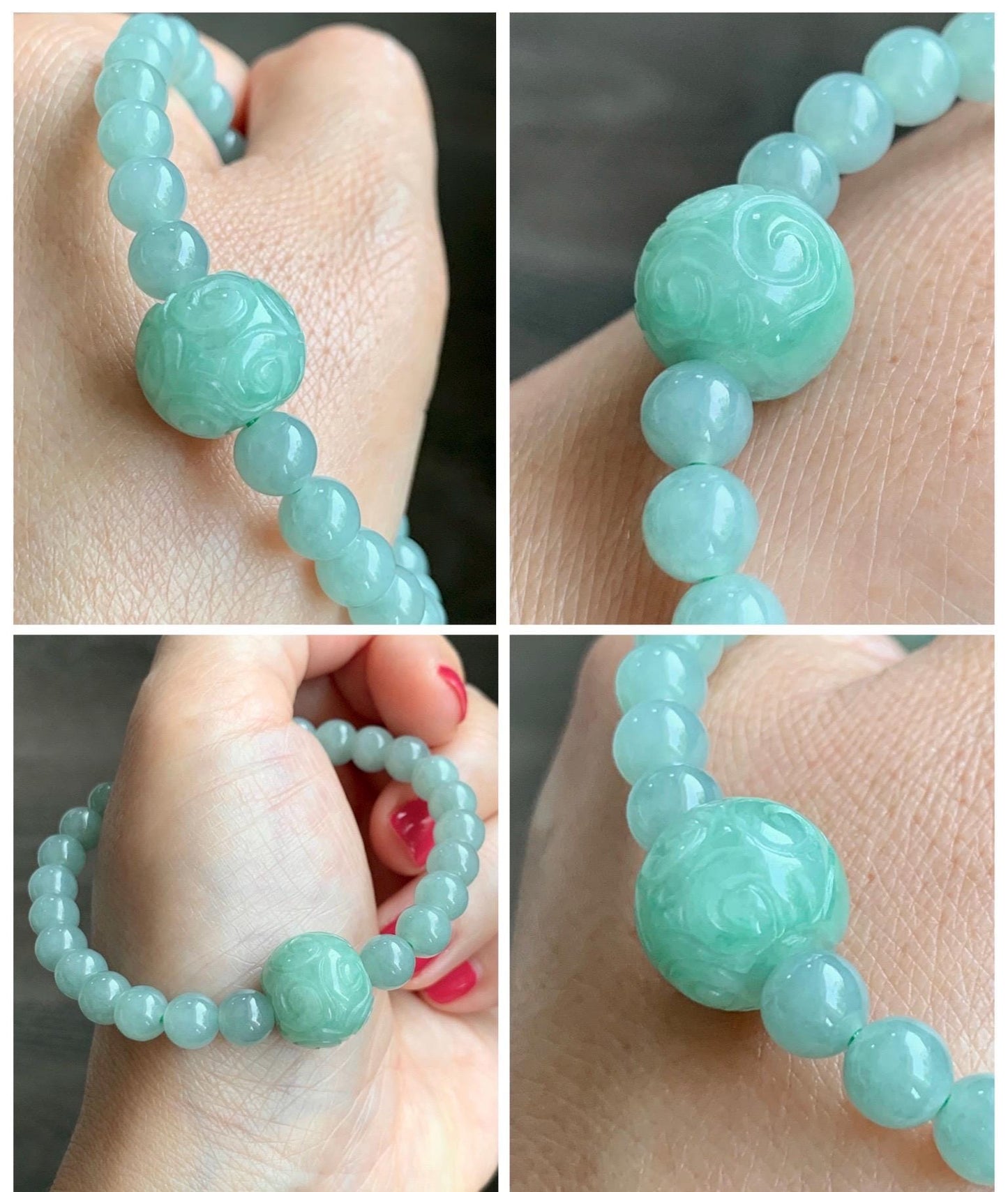 Natural Grade A Icy Translucent Pastel Green Jade Jadeite Beads Engraved Apple Bead Beaded Bracelet 7” 17g 天然冰晴珠仿古调苹果珠翡翠手串 MDL286