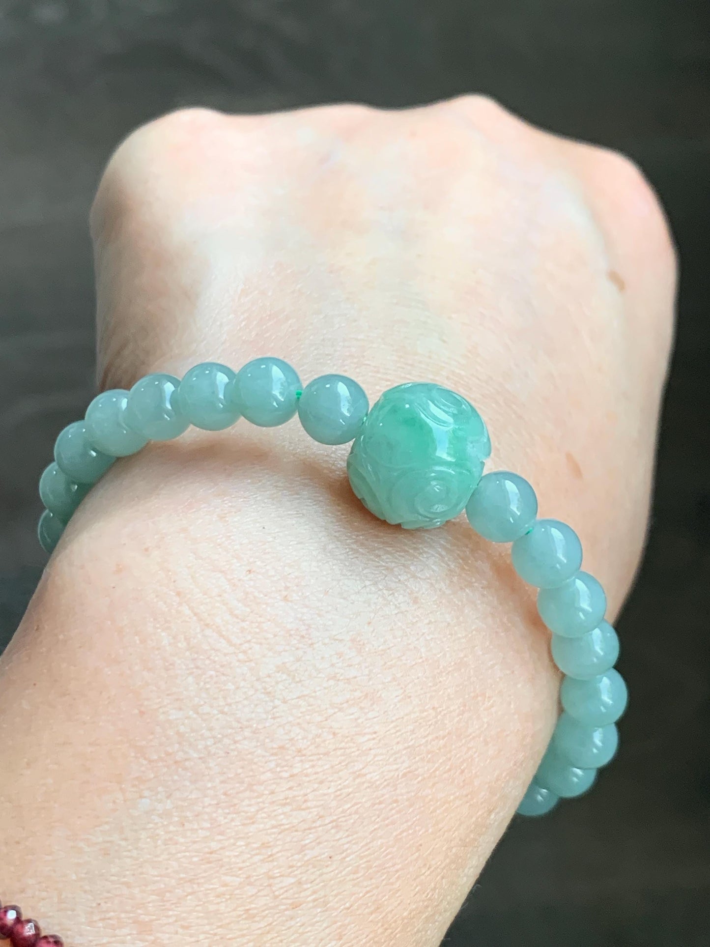 Natural Grade A Icy Translucent Pastel Green Jade Jadeite Beads Engraved Apple Bead Beaded Bracelet 7” 17g 天然冰晴珠仿古调苹果珠翡翠手串 MDL286