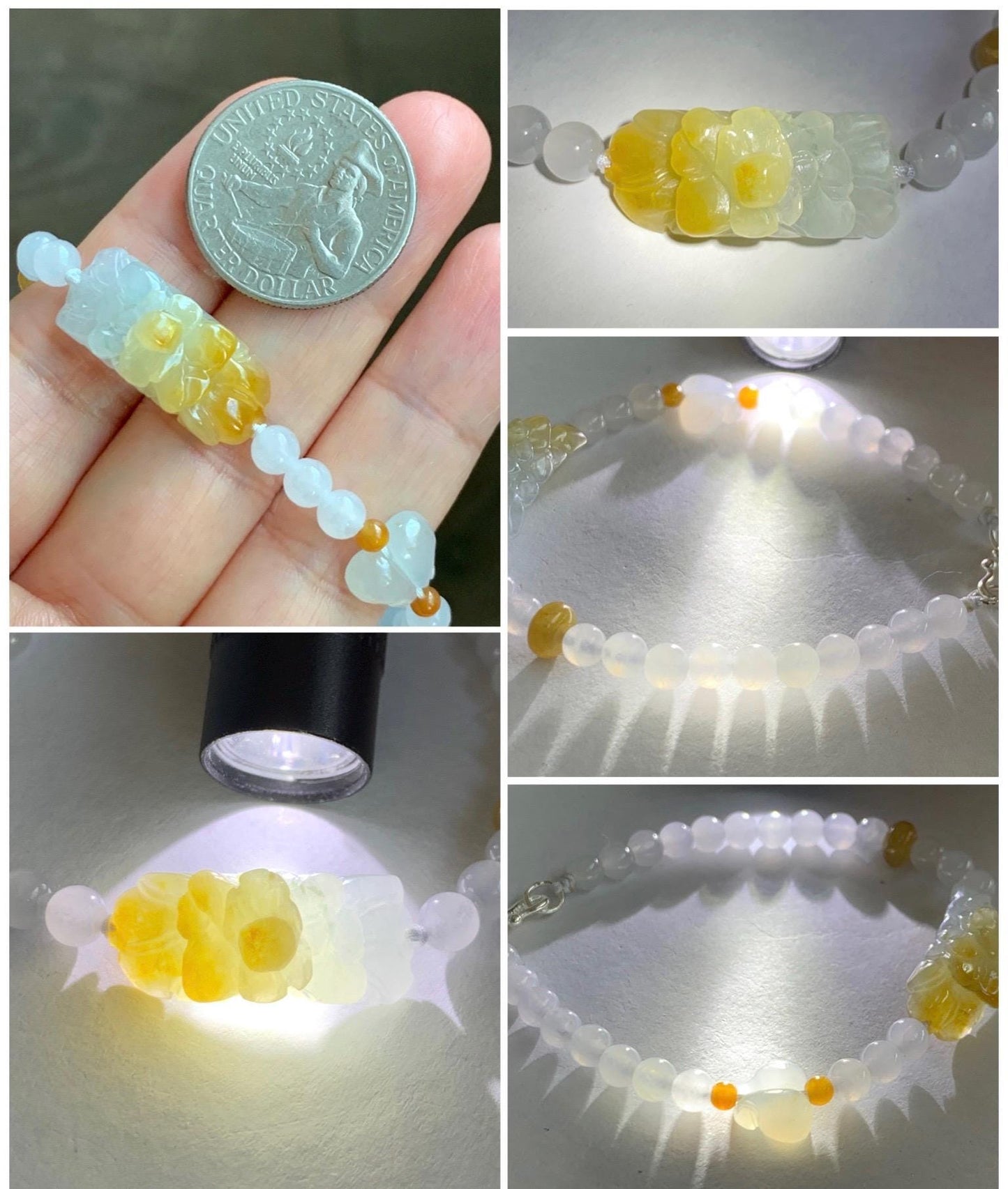 Natural Grade A Icy Translucent Vibrant Yellow Marbled Jade Jadeite Flower Cuff Beaded Bracelet 7” Sterling Silver 10g 天然冰飘黄翡翠花手牌手串 MHB360