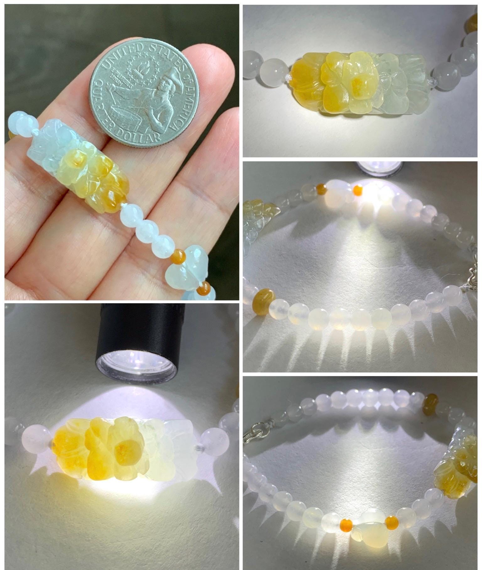 Natural Grade A Icy Translucent Vibrant Yellow Marbled Jade Jadeite Flower Cuff Beaded Bracelet 7” Sterling Silver 10g 天然冰飘黄翡翠花手牌手串 MHB360