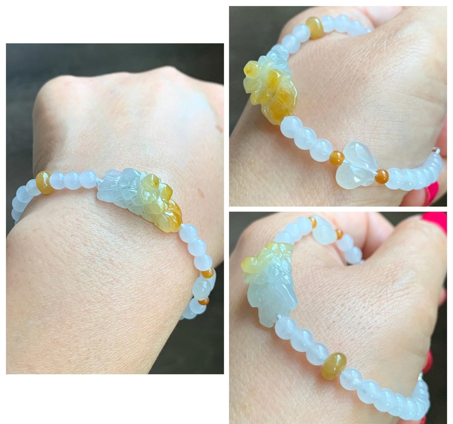 Natural Grade A Icy Translucent Vibrant Yellow Marbled Jade Jadeite Flower Cuff Beaded Bracelet 7” Sterling Silver 10g 天然冰飘黄翡翠花手牌手串 MHB360