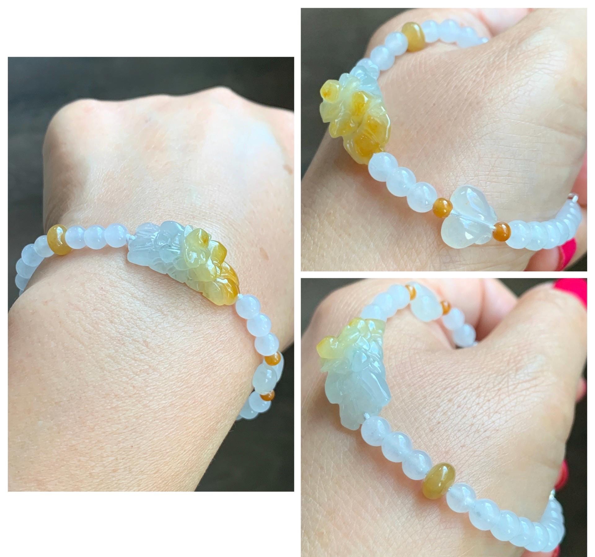 Natural Grade A Icy Translucent Vibrant Yellow Marbled Jade Jadeite Flower Cuff Beaded Bracelet 7” Sterling Silver 10g 天然冰飘黄翡翠花手牌手串 MHB360