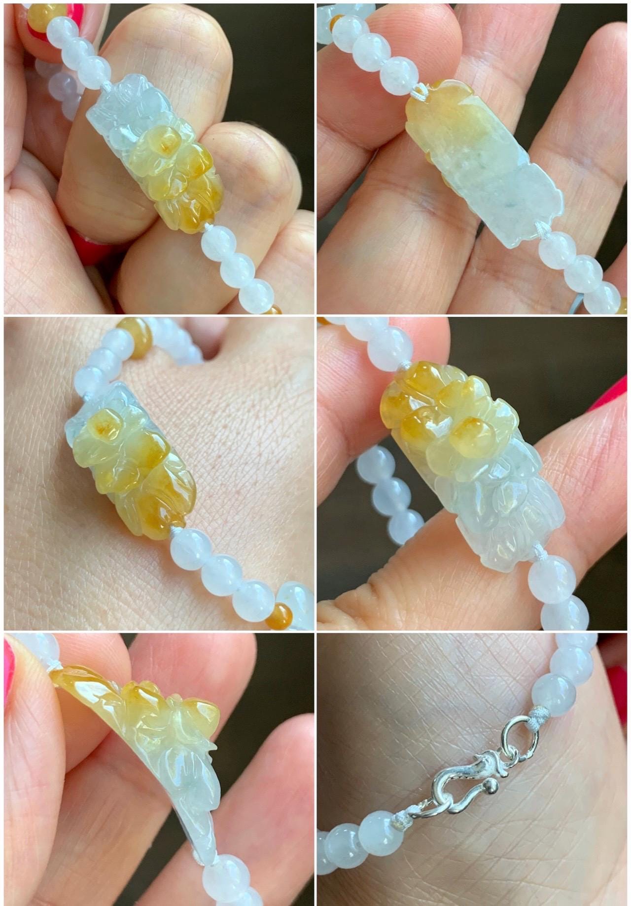 Natural Grade A Icy Translucent Vibrant Yellow Marbled Jade Jadeite Flower Cuff Beaded Bracelet 7” Sterling Silver 10g 天然冰飘黄翡翠花手牌手串 MHB360