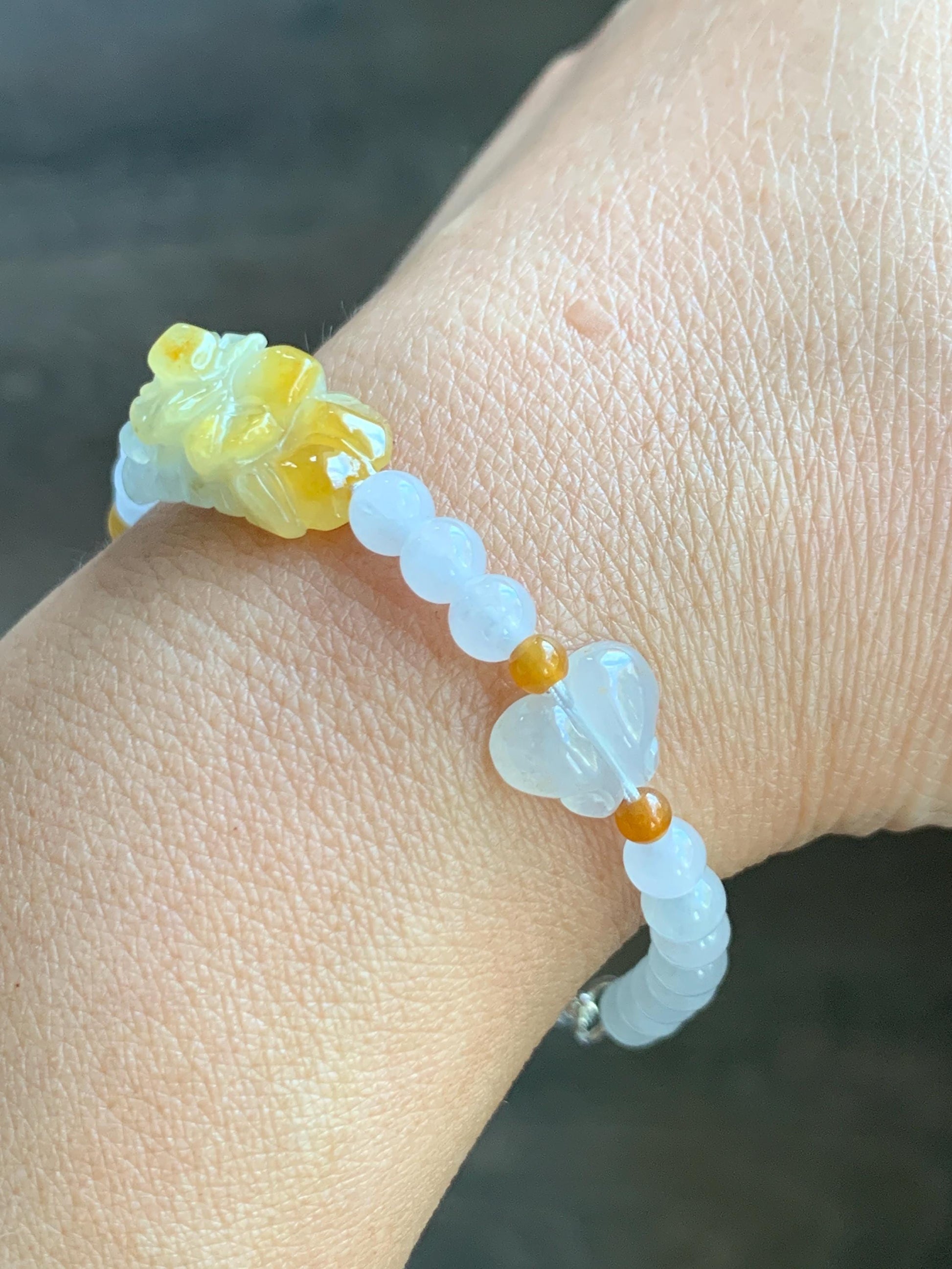 Natural Grade A Icy Translucent Vibrant Yellow Marbled Jade Jadeite Flower Cuff Beaded Bracelet 7” Sterling Silver 10g 天然冰飘黄翡翠花手牌手串 MHB360