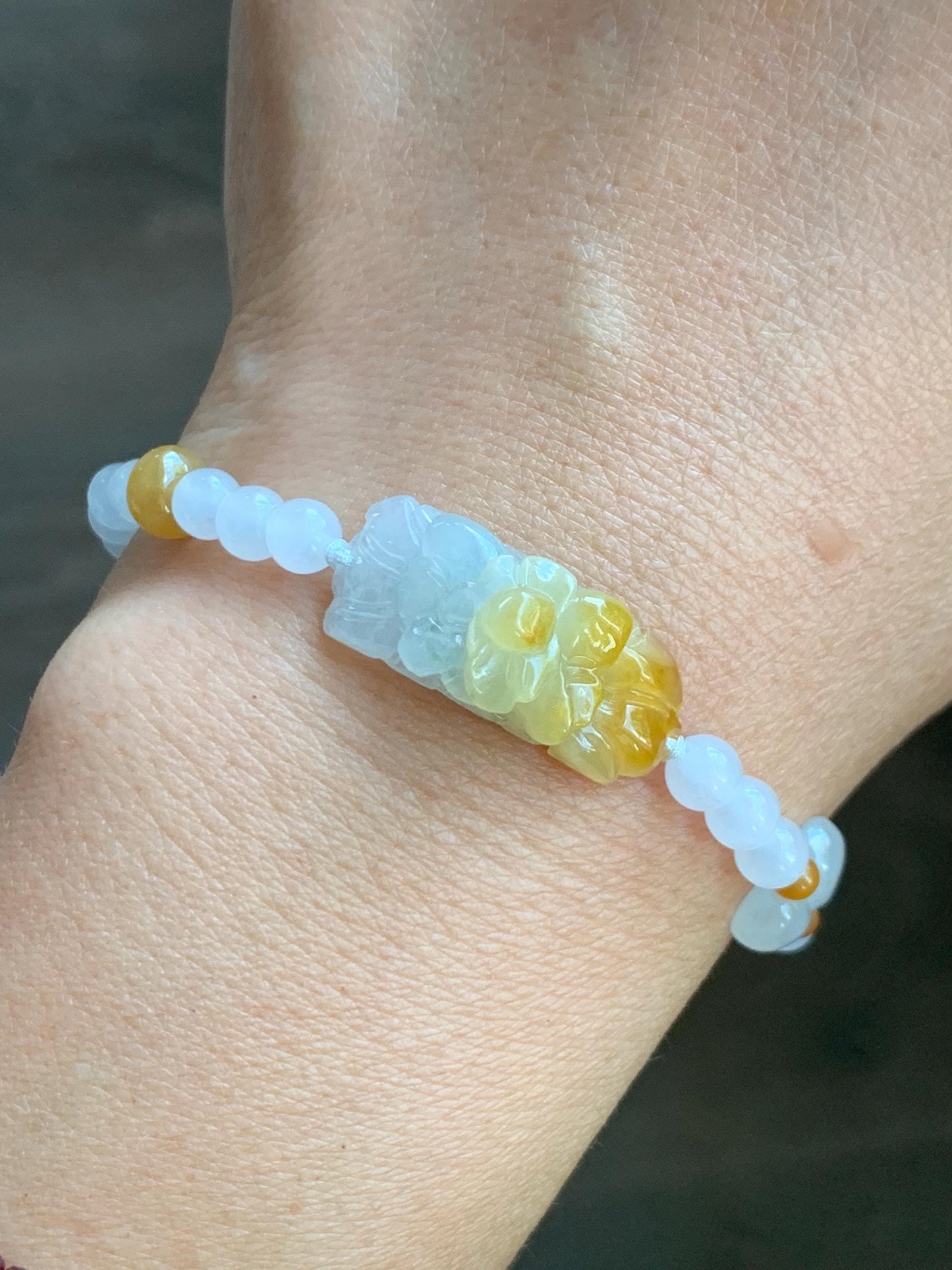 Natural Grade A Icy Translucent Vibrant Yellow Marbled Jade Jadeite Flower Cuff Beaded Bracelet 7” Sterling Silver 10g 天然冰飘黄翡翠花手牌手串 MHB360