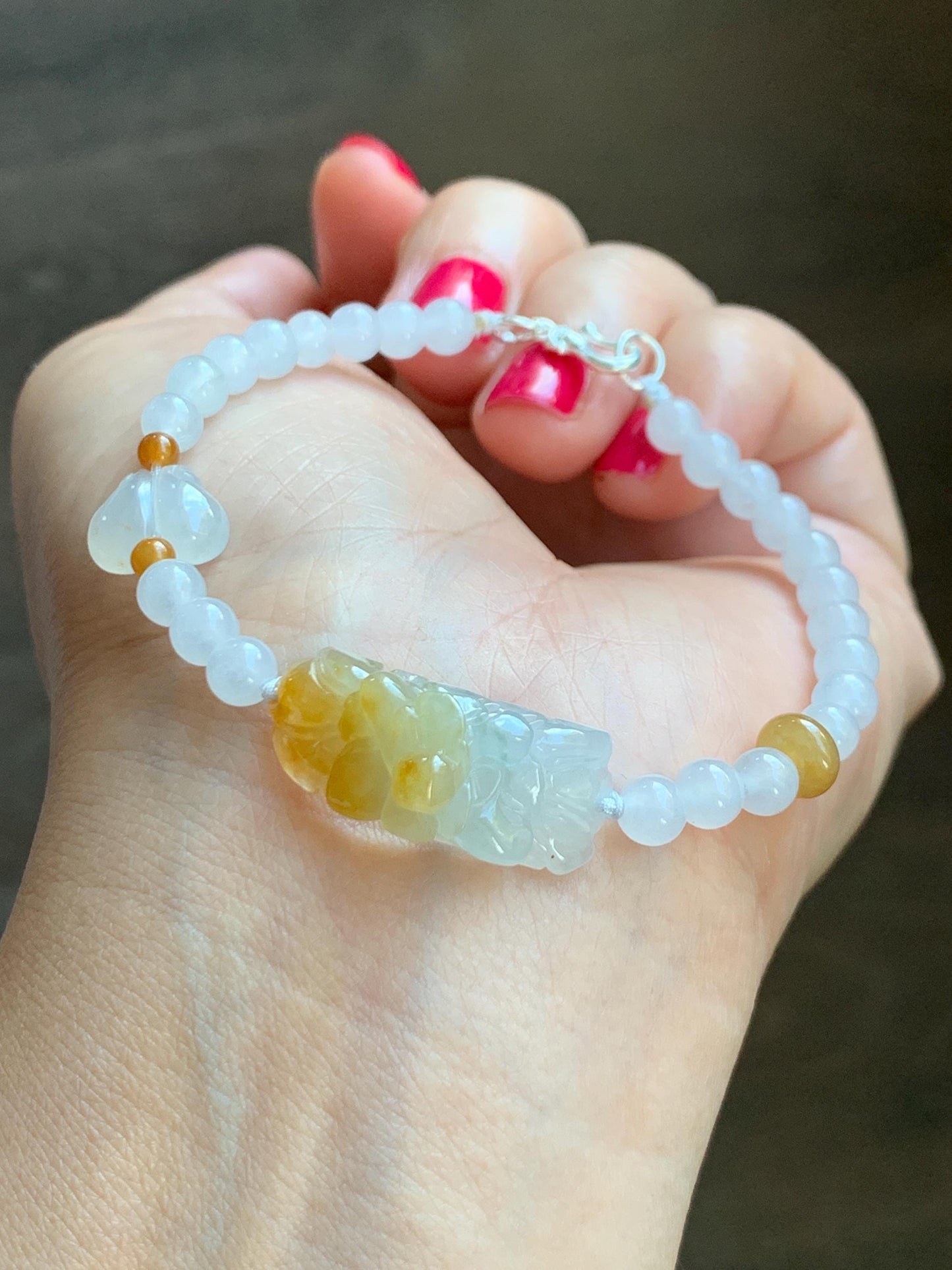 Natural Grade A Icy Translucent Vibrant Yellow Marbled Jade Jadeite Flower Cuff Beaded Bracelet 7” Sterling Silver 10g 天然冰飘黄翡翠花手牌手串 MHB360
