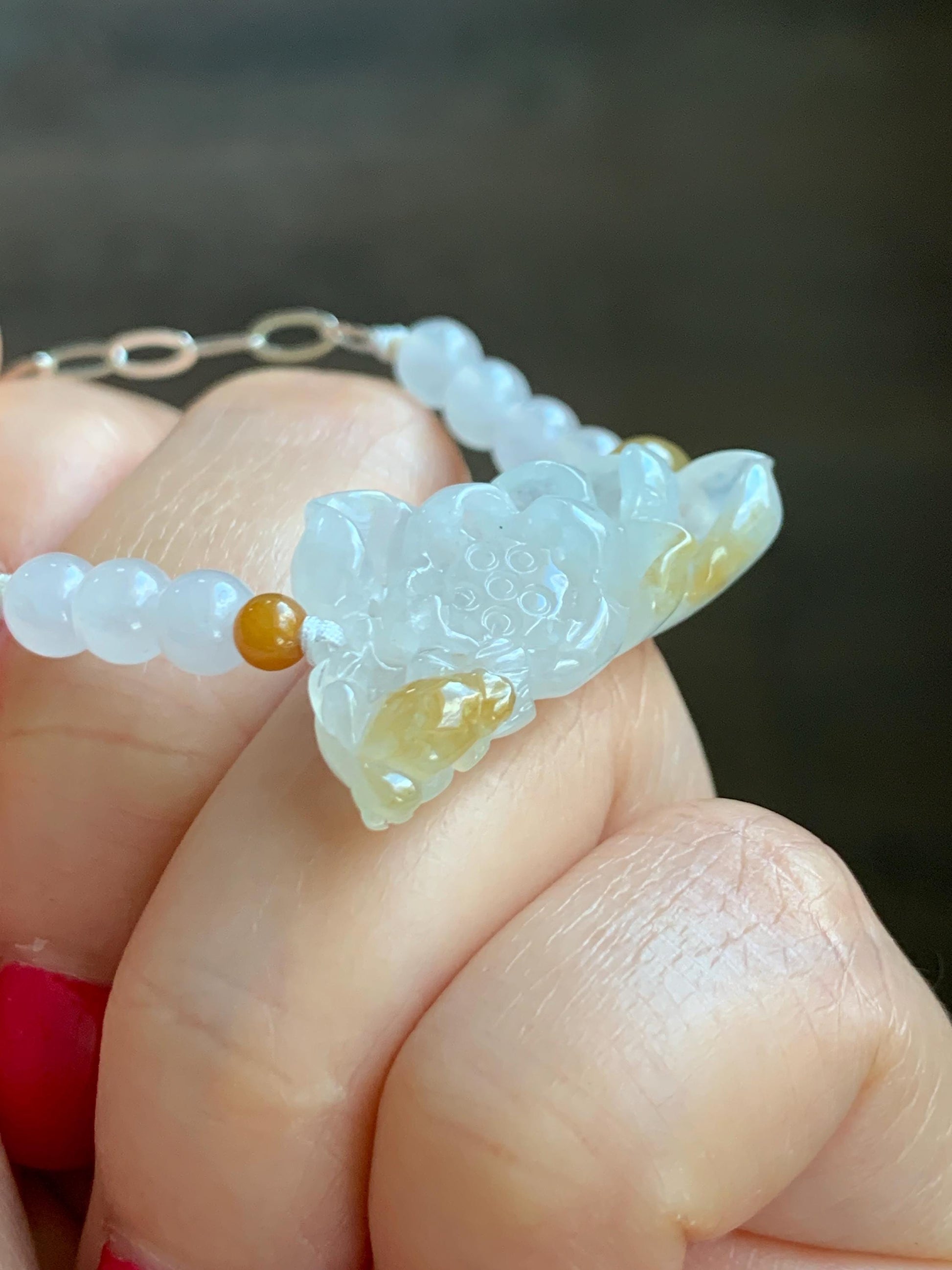 Natural Grade A Icy Translucent White Yellow Marbled Jadeite Lotus Flower Pendant Chain Necklace Sterling Silver 16.5” 天然白冰撒黄翡翠莲花锁骨链 MHLX220