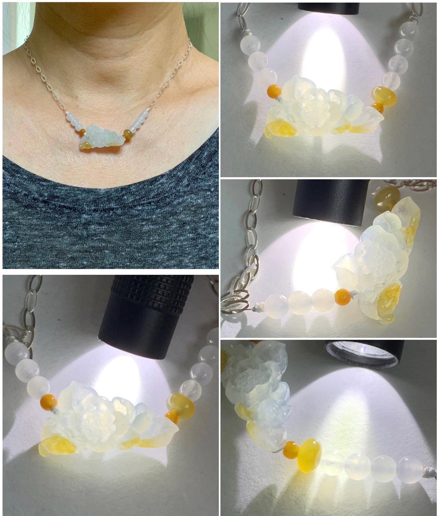 Natural Grade A Icy Translucent White Yellow Marbled Jadeite Lotus Flower Pendant Chain Necklace Sterling Silver 16.5” 天然白冰撒黄翡翠莲花锁骨链 MHLX220