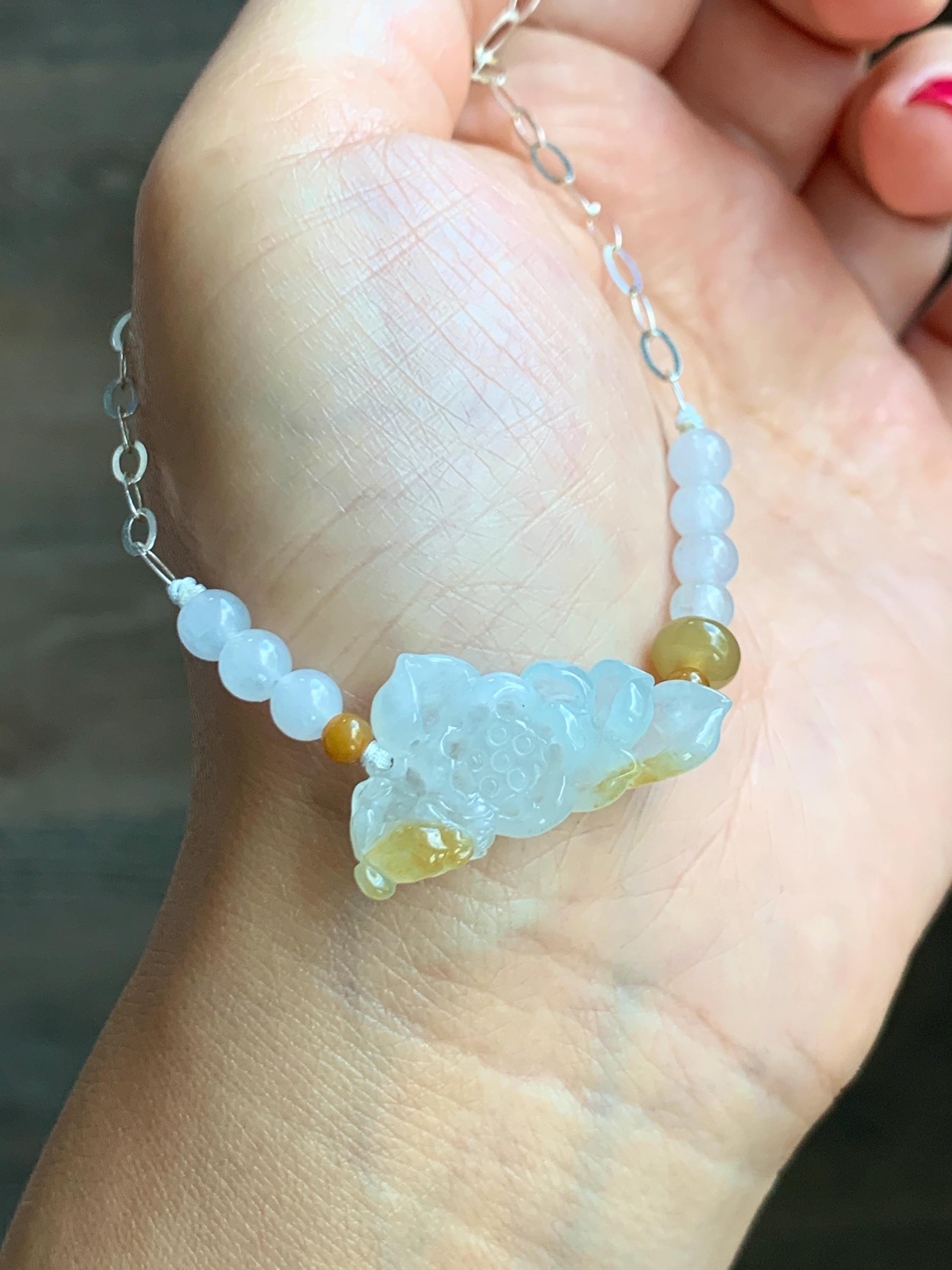 Natural Grade A Icy Translucent White Yellow Marbled Jadeite Lotus Flower Pendant Chain Necklace Sterling Silver 16.5” 天然白冰撒黄翡翠莲花锁骨链 MHLX220