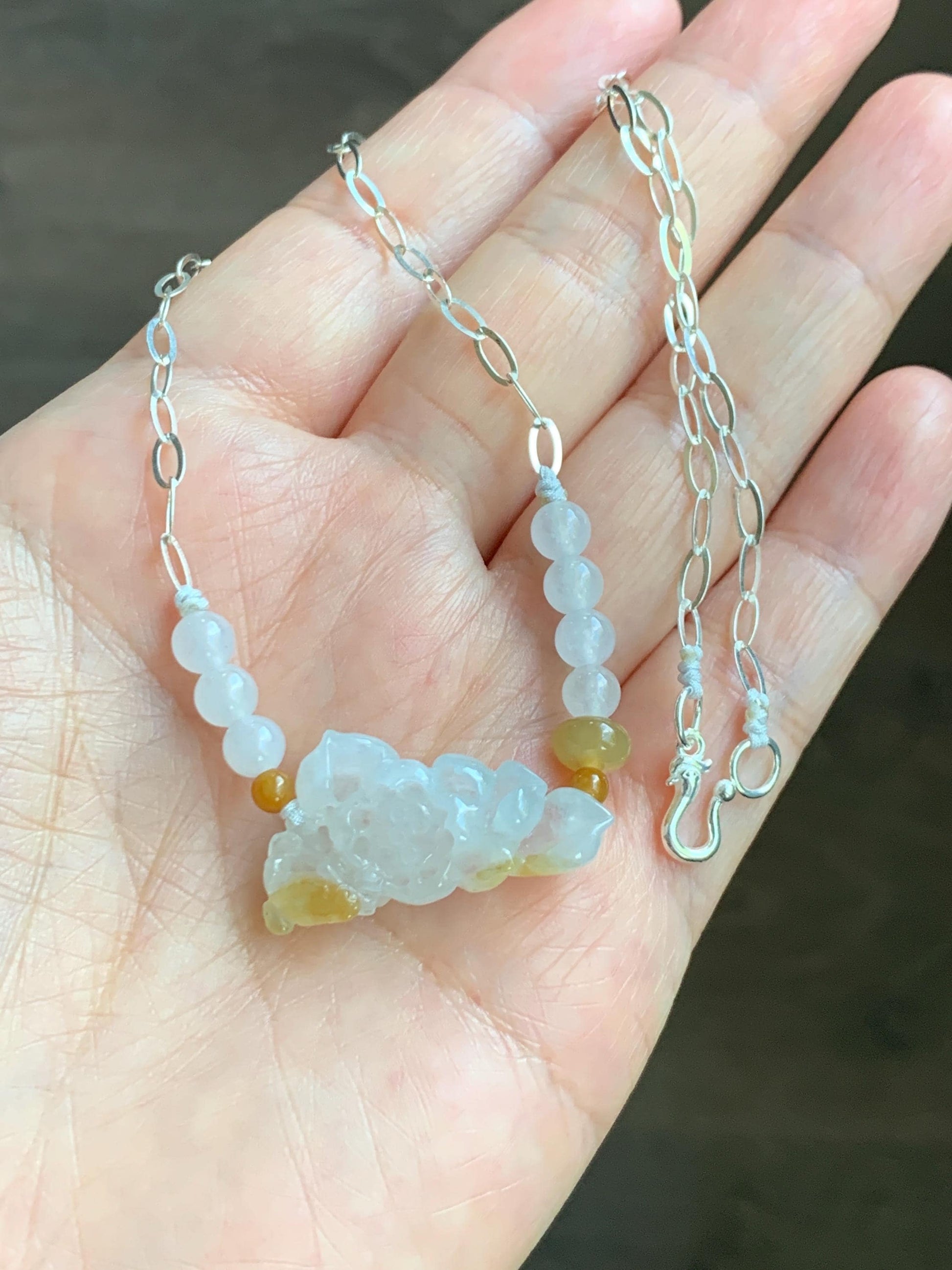 Natural Grade A Icy Translucent White Yellow Marbled Jadeite Lotus Flower Pendant Chain Necklace Sterling Silver 16.5” 天然白冰撒黄翡翠莲花锁骨链 MHLX220