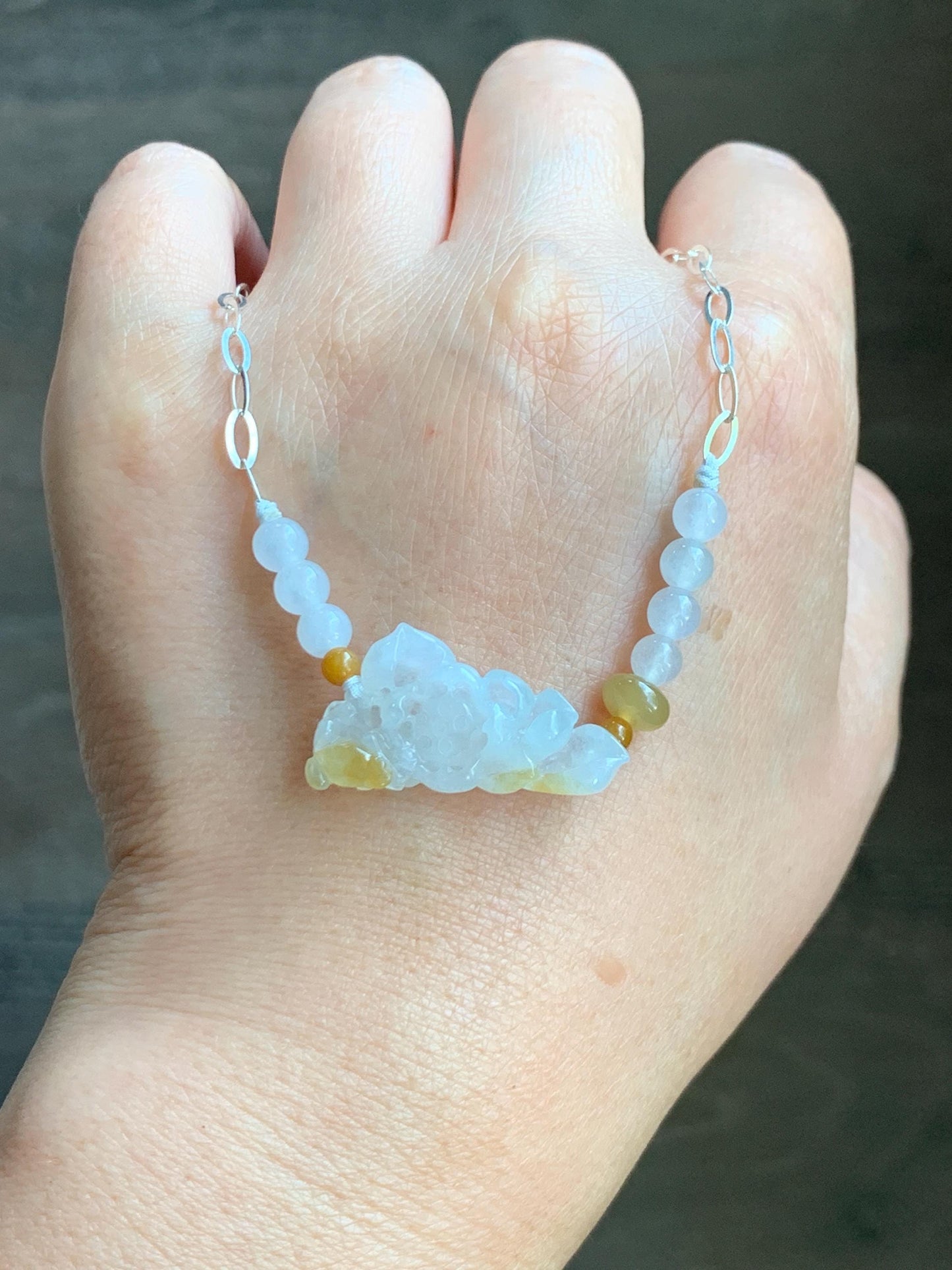 Natural Grade A Icy Translucent White Yellow Marbled Jadeite Lotus Flower Pendant Chain Necklace Sterling Silver 16.5” 天然白冰撒黄翡翠莲花锁骨链 MHLX220