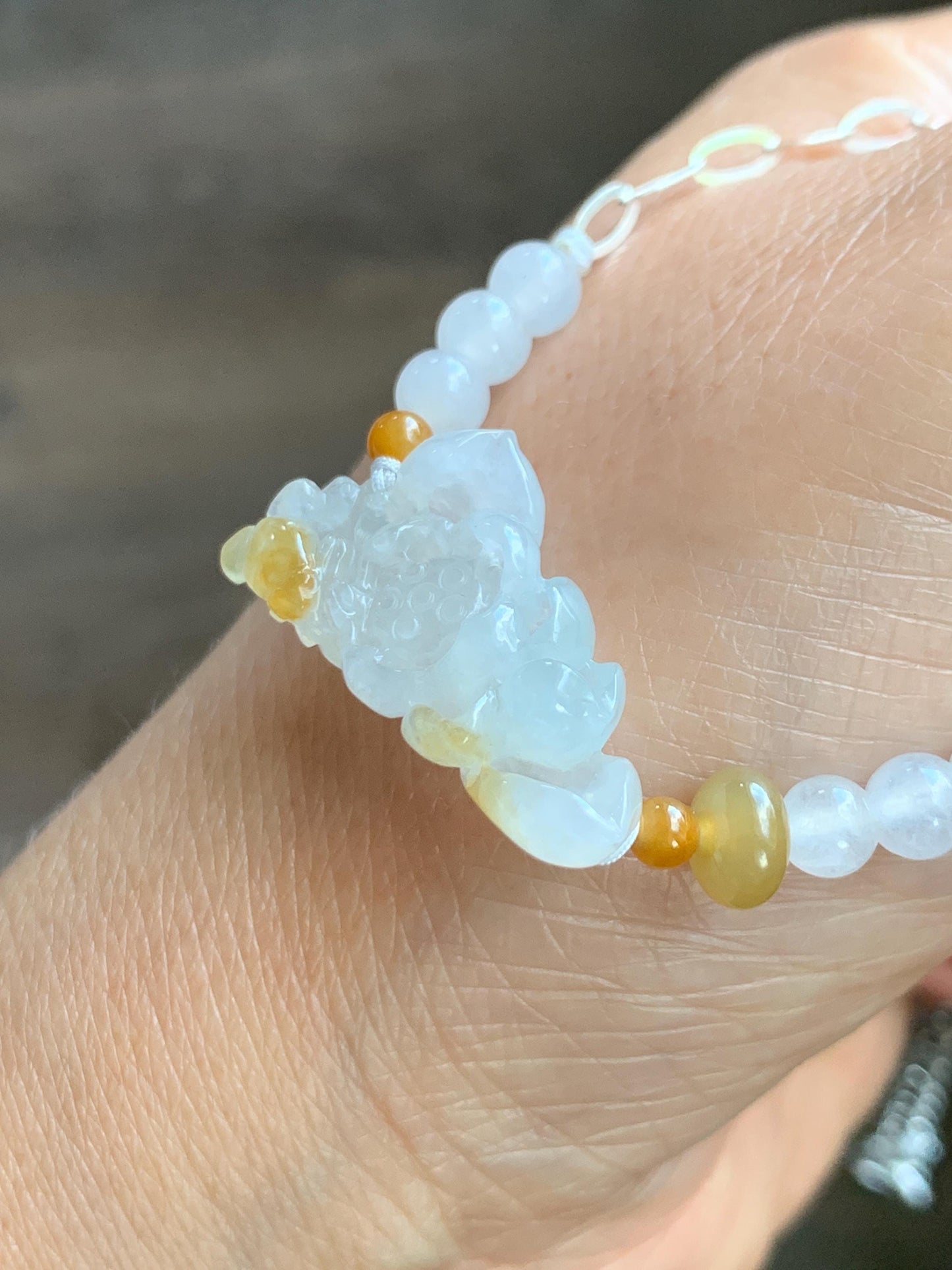 Natural Grade A Icy Translucent White Yellow Marbled Jadeite Lotus Flower Pendant Chain Necklace Sterling Silver 16.5” 天然白冰撒黄翡翠莲花锁骨链 MHLX220