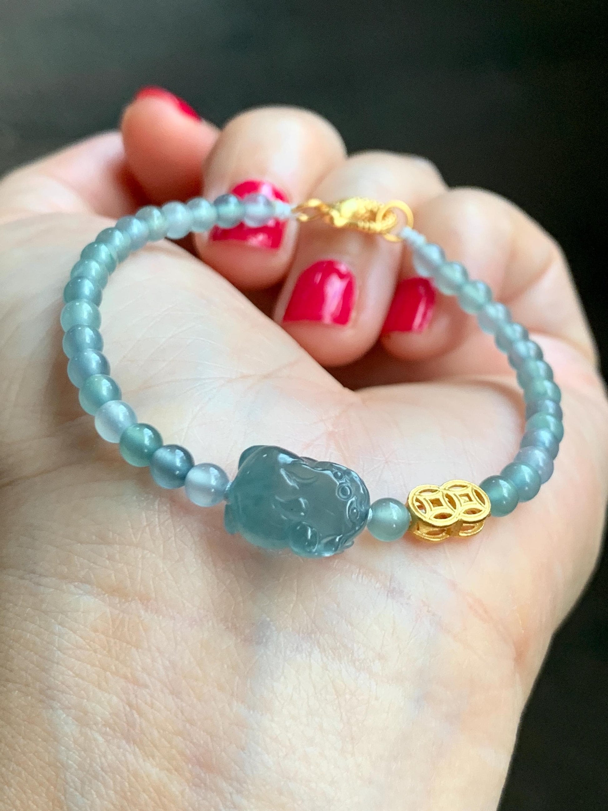 Natural Grade A Guatemalan Icy Highly Translucent Teal Blue Jade Jadeite Pixiu Beaded Bracelet 6.5” Sterling Silver 6g 天然高冰危蓝翡翠貔貅圆珠手串 GBW454