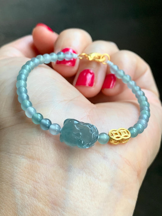 Natural Grade A Guatemalan Icy Highly Translucent Teal Blue Jade Jadeite Pixiu Beaded Bracelet 6.5” Sterling Silver 6g 天然高冰危蓝翡翠貔貅圆珠手串 GBW454