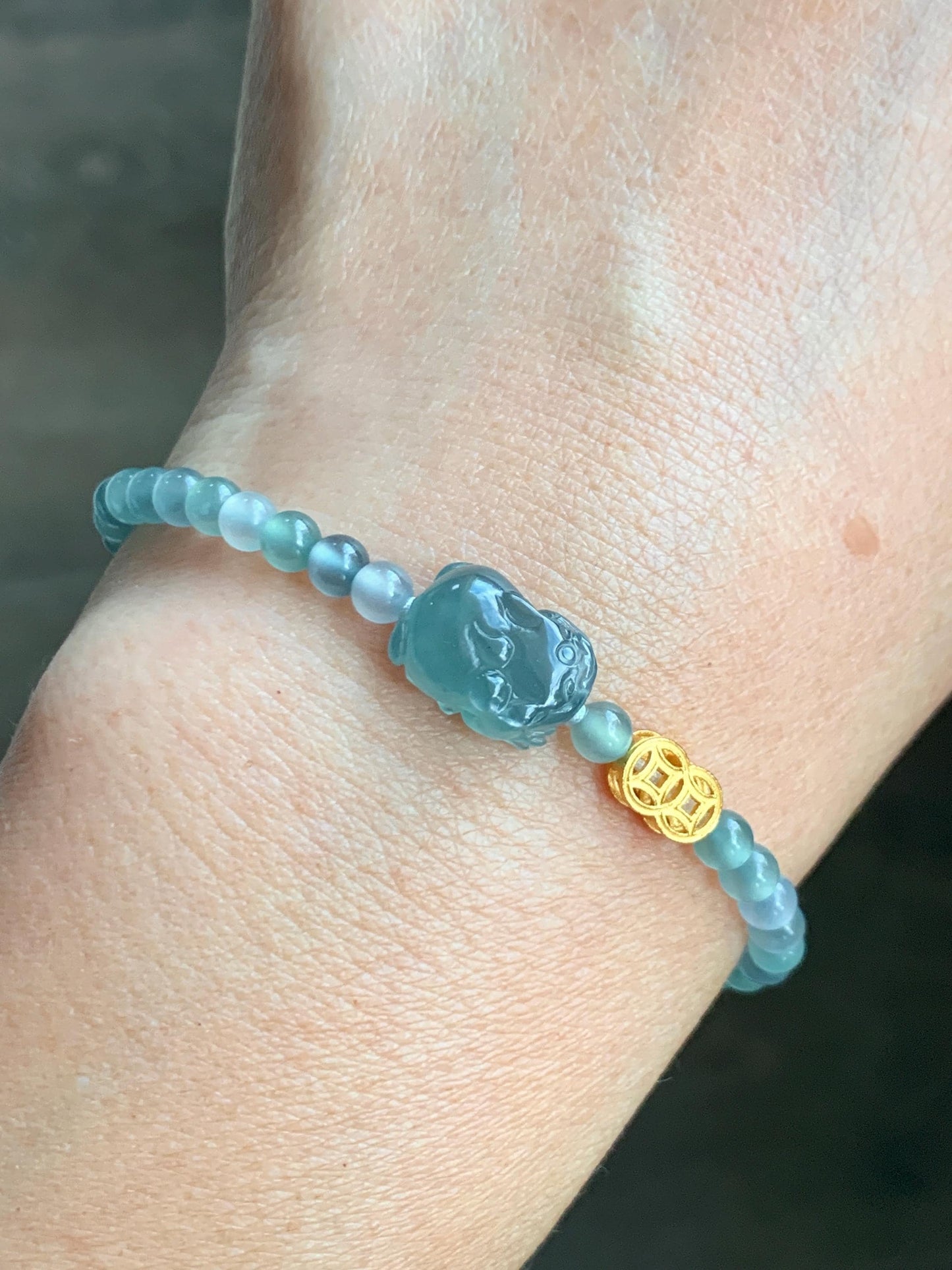 Natural Grade A Guatemalan Icy Highly Translucent Teal Blue Jade Jadeite Pixiu Beaded Bracelet 6.5” Sterling Silver 6g 天然高冰危蓝翡翠貔貅圆珠手串 GBW454