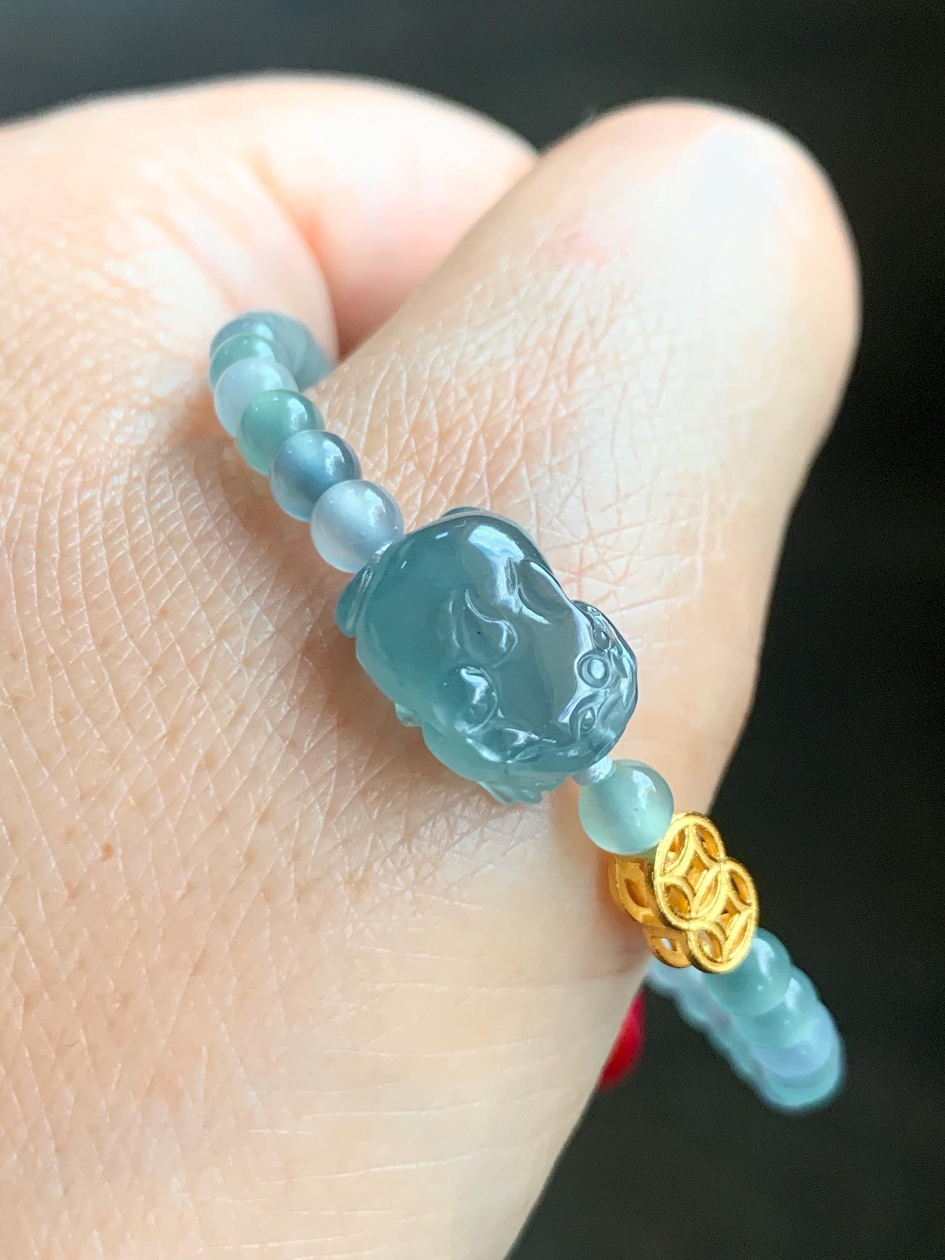 Natural Grade A Guatemalan Icy Highly Translucent Teal Blue Jade Jadeite Pixiu Beaded Bracelet 6.5” Sterling Silver 6g 天然高冰危蓝翡翠貔貅圆珠手串 GBW454