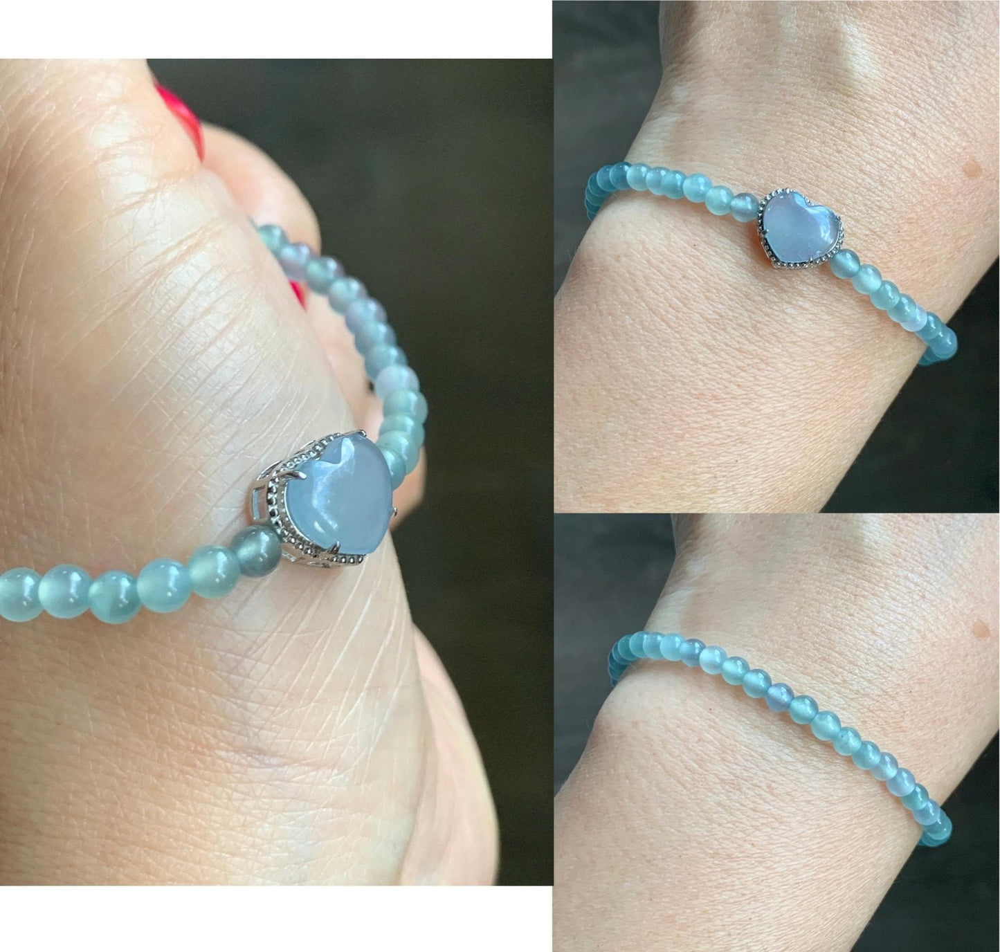 Natural Grade A Guatemalan Icy Highly Translucent Teal Blue Jade Jadeite Beaded Bracelet Sterling Silver 6.75” 5g 天然冰危起光浅蓝翡翠珠潘多拉手串 WQDB246