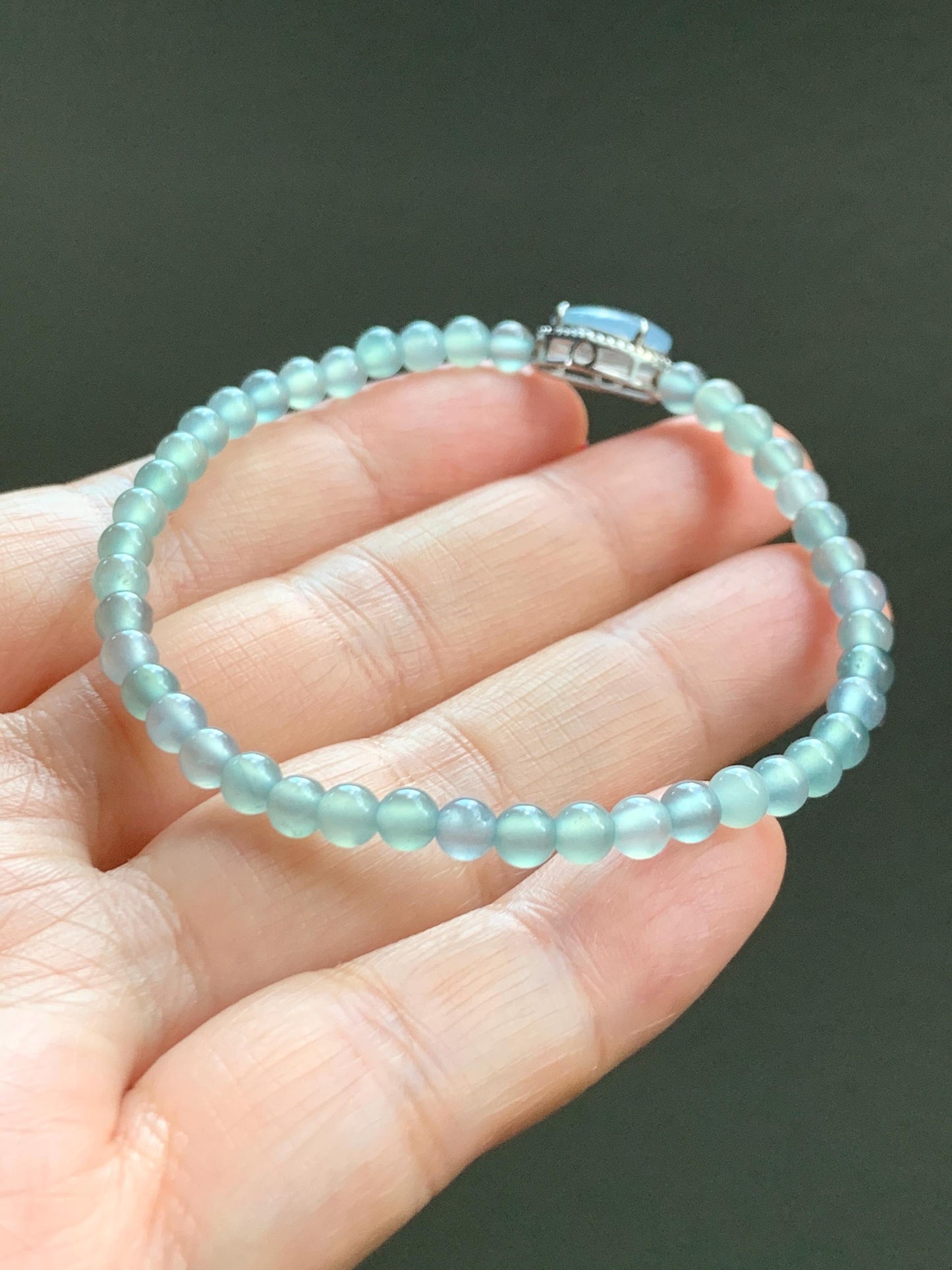 Natural Grade A Guatemalan Icy Highly Translucent Teal Blue Jade Jadeite Beaded Bracelet Sterling Silver 6.75” 5g 天然冰危起光浅蓝翡翠珠潘多拉手串 WQDB246