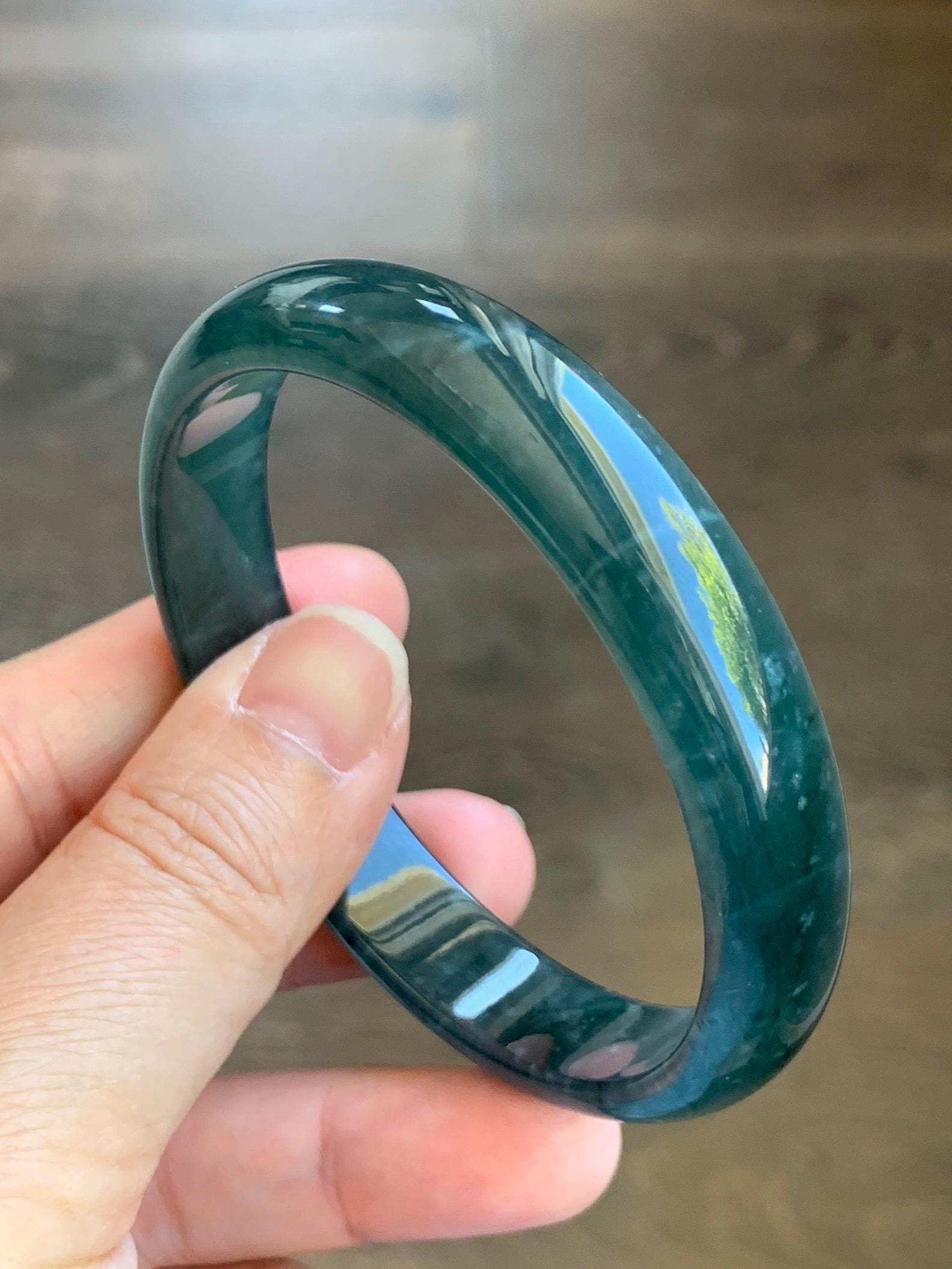 Certified Natural Grade A Guatemalan Icy Translucent Gelatinous Dark Teal Blue Jade Jadeite Wide Bangle 59.6mm 7.37" 天然老种冰胶危蓝绿翡翠正圈手镯 8780