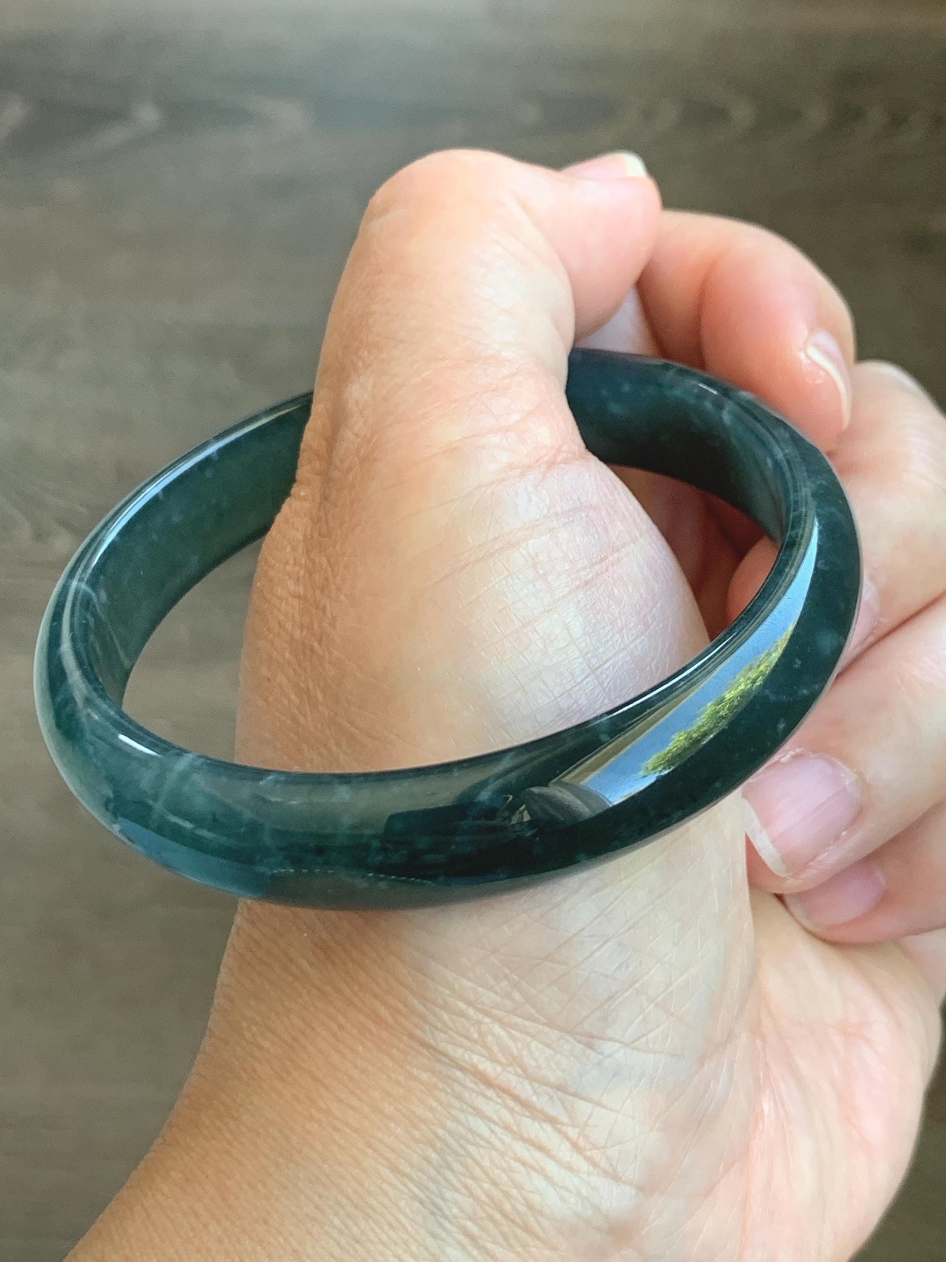 Certified Natural Grade A Guatemalan Icy Translucent Gelatinous Dark Teal Blue Jade Jadeite Wide Bangle 59.6mm 7.37" 天然老种冰胶危蓝绿翡翠正圈手镯 8780