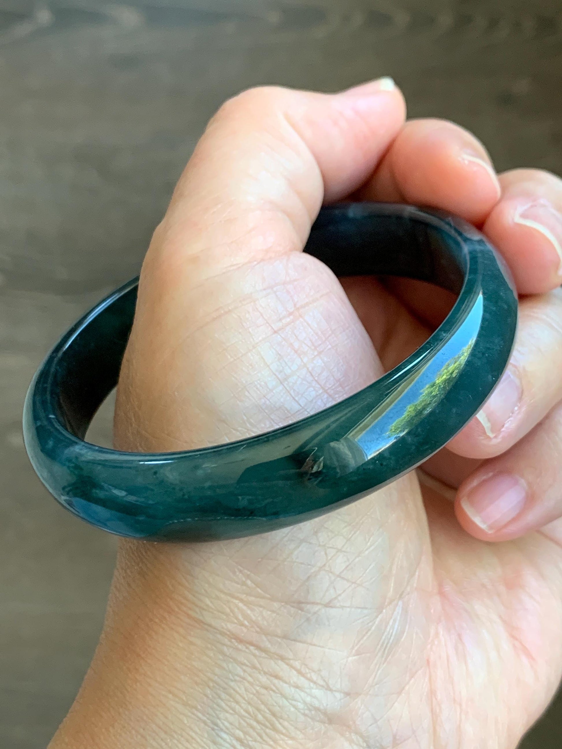 Certified Natural Grade A Guatemalan Icy Translucent Gelatinous Dark Teal Blue Jade Jadeite Wide Bangle 59.5mm 7.35" 天然老种冰胶危蓝绿翡翠正圈手镯 8779