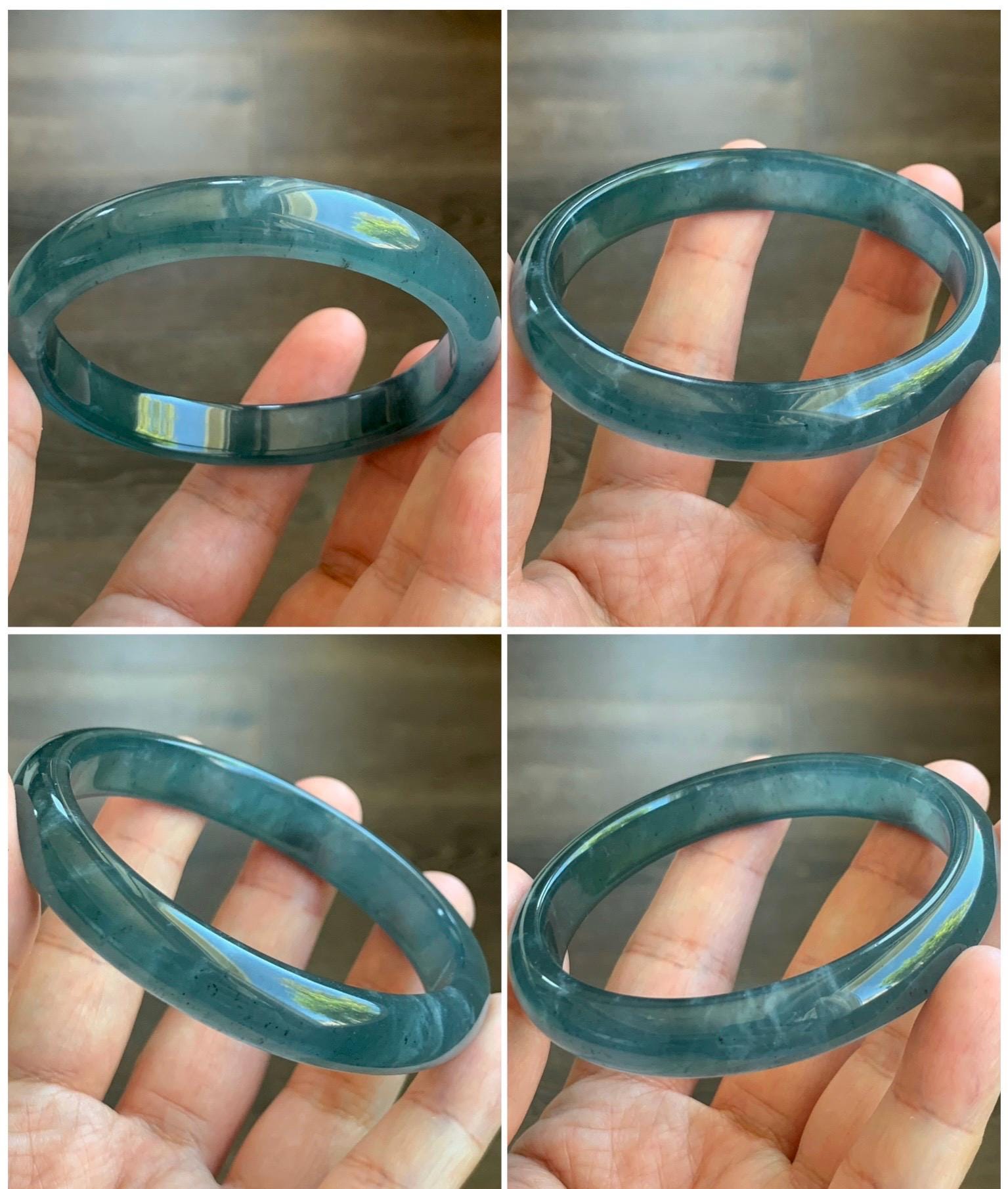 Certified Natural Grade A Guatemalan Icy Translucent Gelatinous Dark Teal Blue Jade Jadeite Wide Bangle 58.6mm 7.25" 天然老种冰胶危蓝绿翡翠正圈手镯 8775