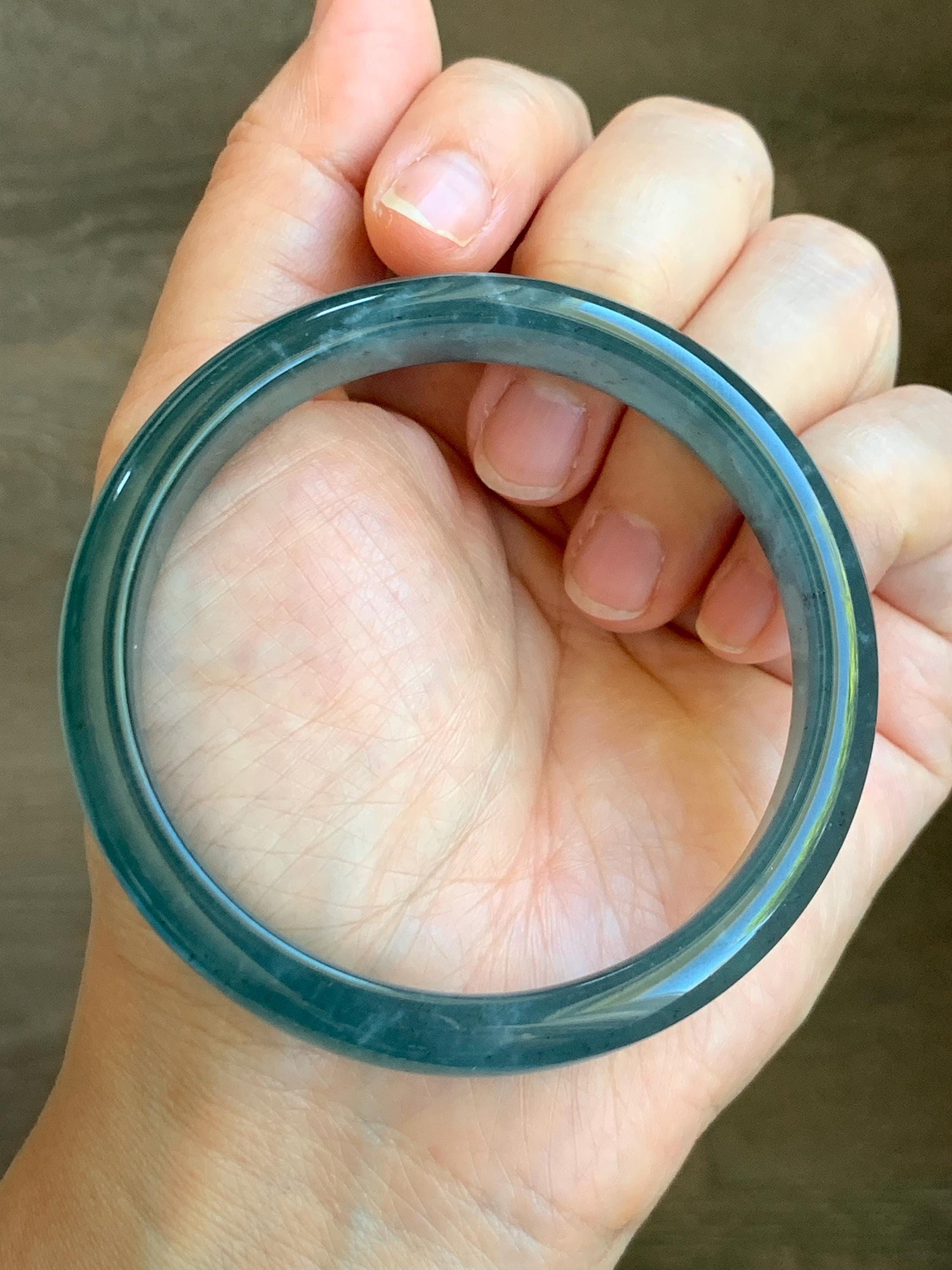 Certified Natural Grade A Guatemalan Icy Translucent Gelatinous Dark Teal Blue Jade Jadeite Wide Bangle 58.6mm 7.25" 天然老种冰胶危蓝绿翡翠正圈手镯 8775