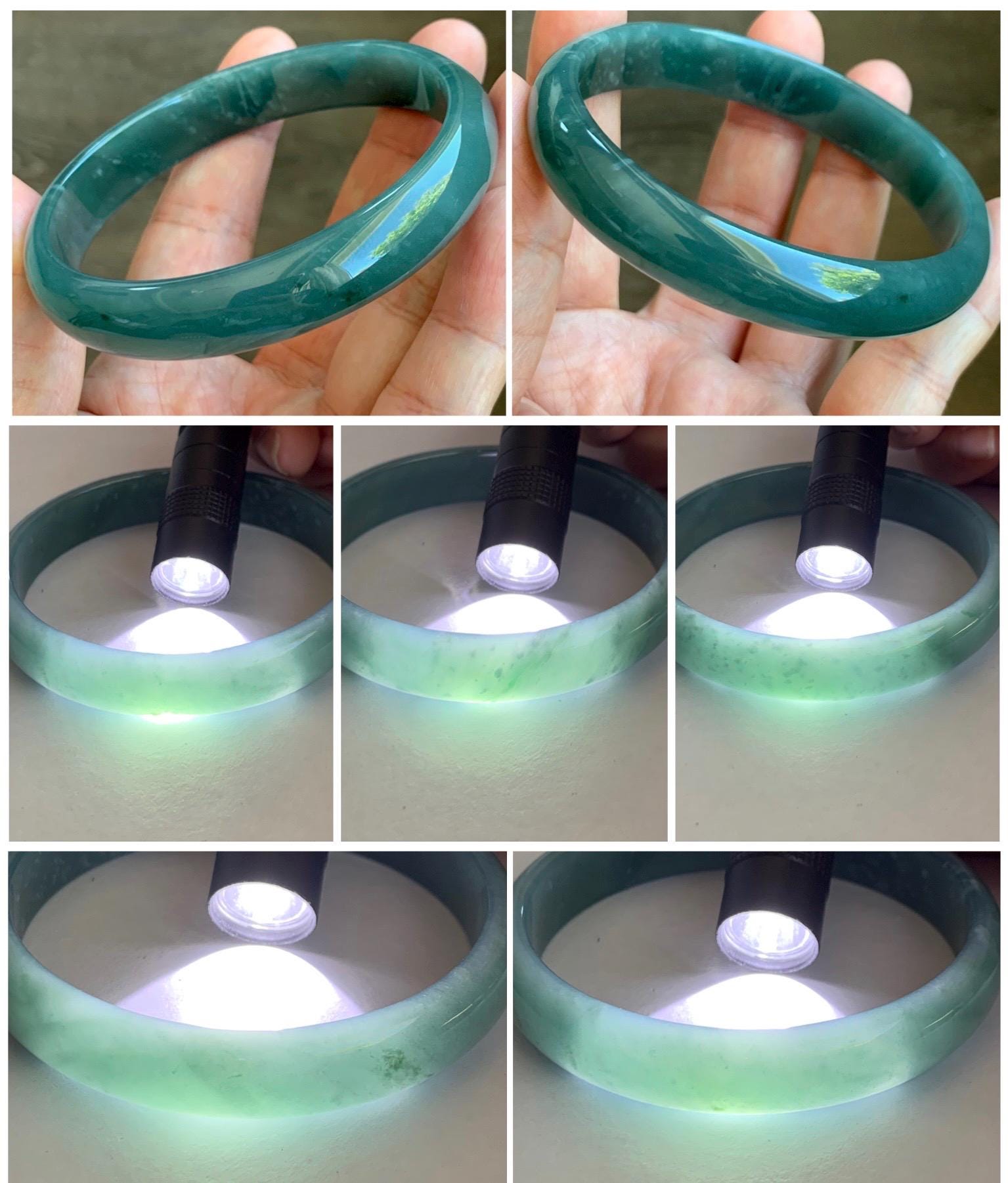 Certified Natural Grade A Guatemalan Translucent Dark Teal Jade Jadeite Wide Bangle Bracelet 61.7mm 7.62" 39g 天然危蓝绿糯种翡翠正圈手镯 8785