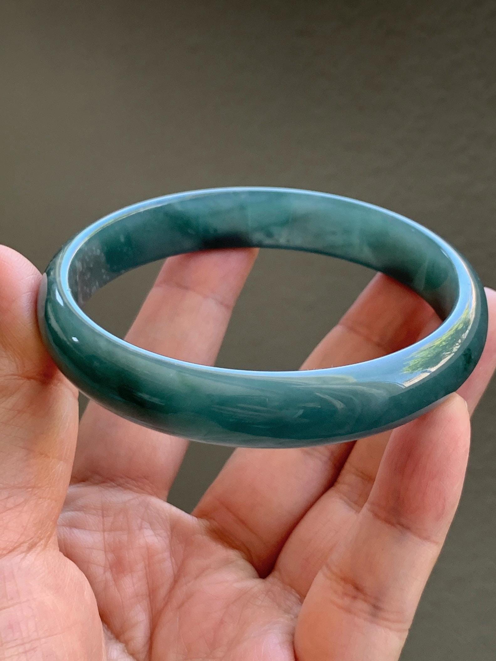Certified Natural Grade A Guatemalan Translucent Dark Teal Jade Jadeite Wide Bangle Bracelet 61.7mm 7.62" 39g 天然危蓝绿糯种翡翠正圈手镯 8785