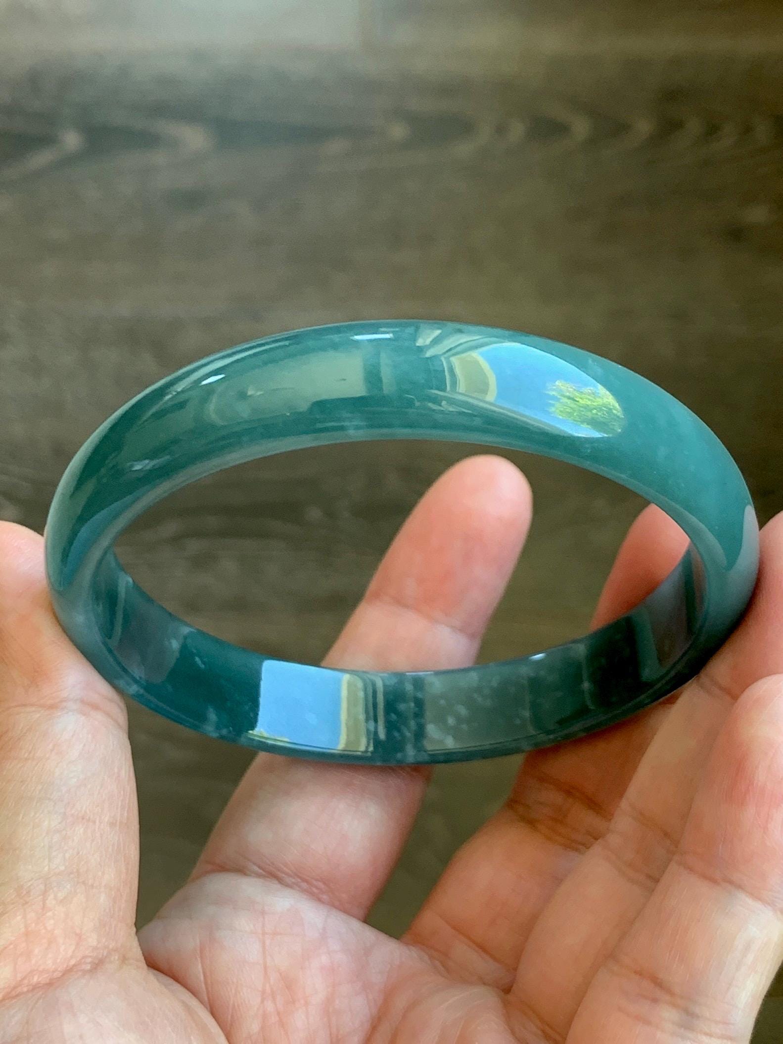 Certified Natural Grade A Guatemalan Translucent Dark Teal Jade Jadeite Wide Bangle Bracelet 61.7mm 7.62" 39g 天然危蓝绿糯种翡翠正圈手镯 8785