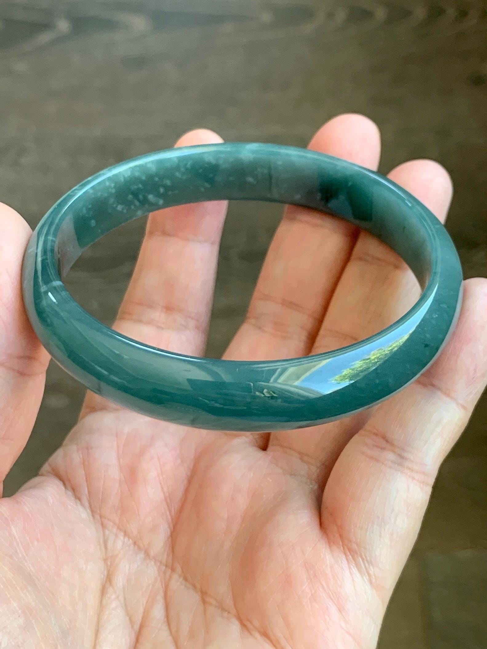 Certified Natural Grade A Guatemalan Translucent Dark Teal Jade Jadeite Wide Bangle Bracelet 61.7mm 7.62" 39g 天然危蓝绿糯种翡翠正圈手镯 8785