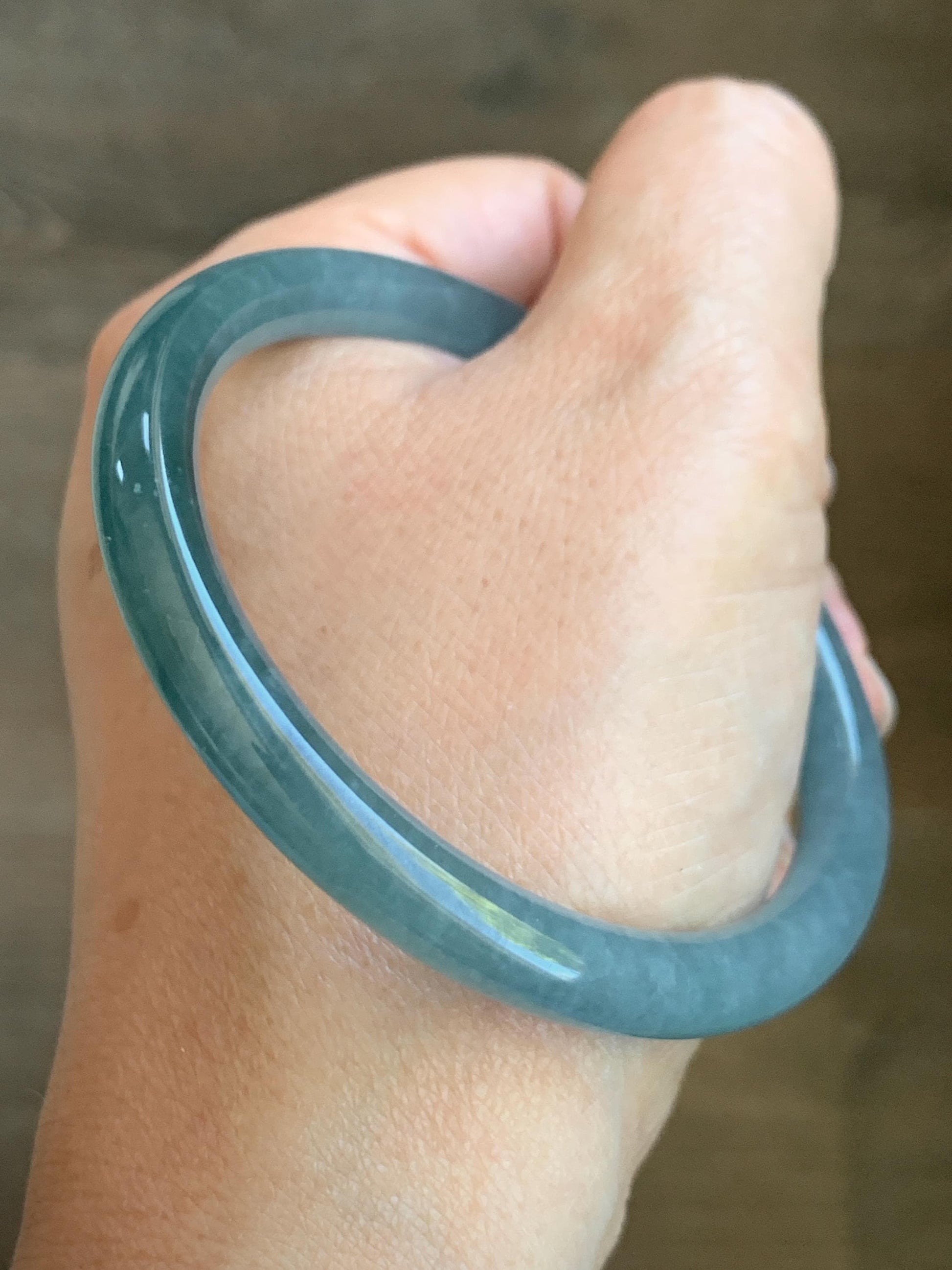 Certified Natural Grade A Guatemalan Icy Translucent Dusty Teal Blue Jade Jadeite Bangle 56.54mm 7” 27.4g 天然冰胶危蓝翡翠细圆条手镯 8795