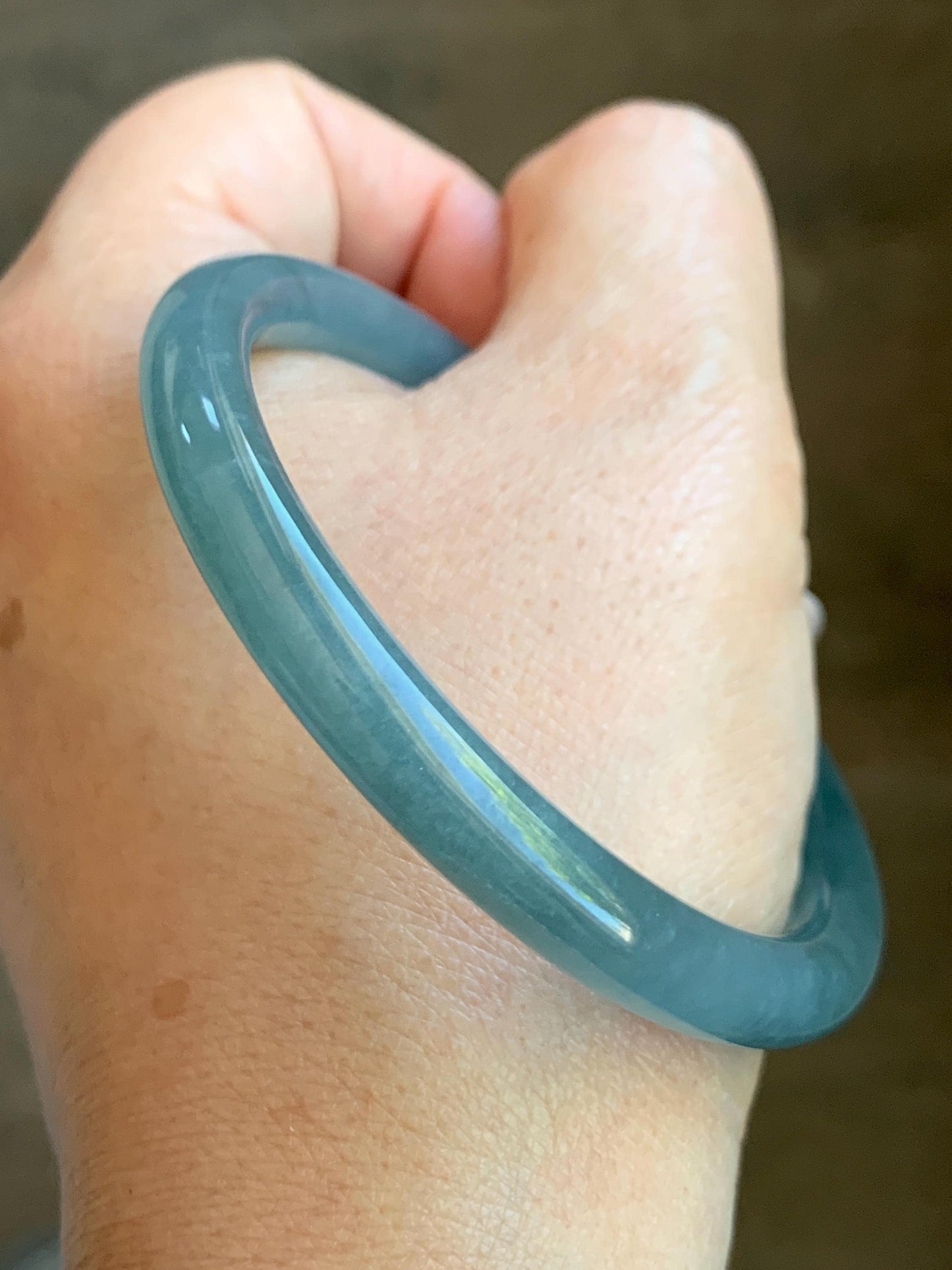 Certified Natural Grade A Guatemalan Icy Translucent Dusty Teal Blue Jade Jadeite Bangle 56.54mm 7” 27.4g 天然冰胶危蓝翡翠细圆条手镯 8795