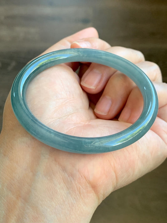 Certified Natural Grade A Guatemalan Icy Translucent Dusty Teal Blue Jade Jadeite Bangle 56.54mm 7” 27.4g 天然冰胶危蓝翡翠细圆条手镯 8795