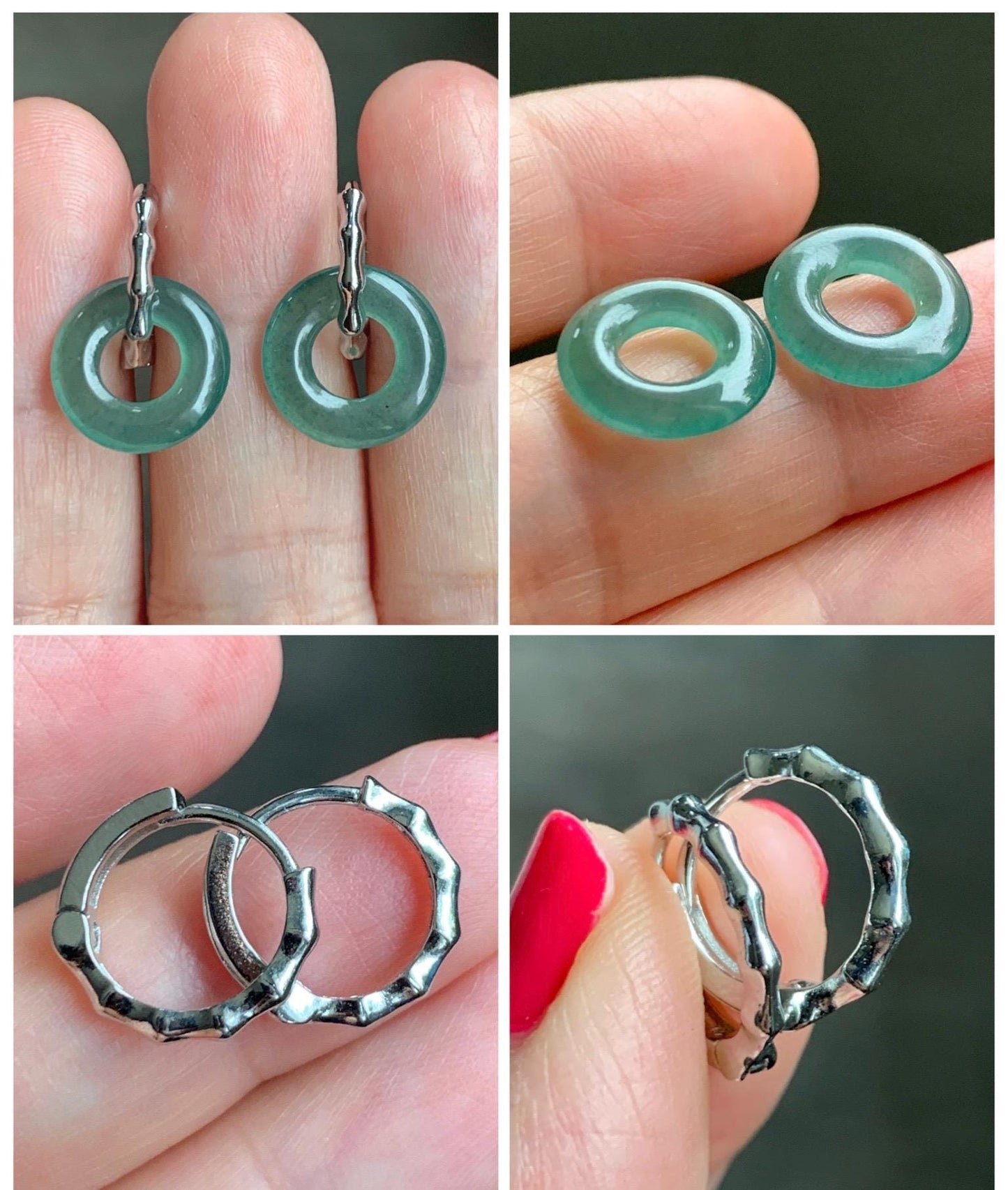 Natural Grade A Guatemalan Icy Translucent Teal Green Jade Jadeite Ping An Kou Donut Bamboo Style Hoop Earrings 天然冰危蓝绿翡翠小平安扣竹节耳包 ZJK150