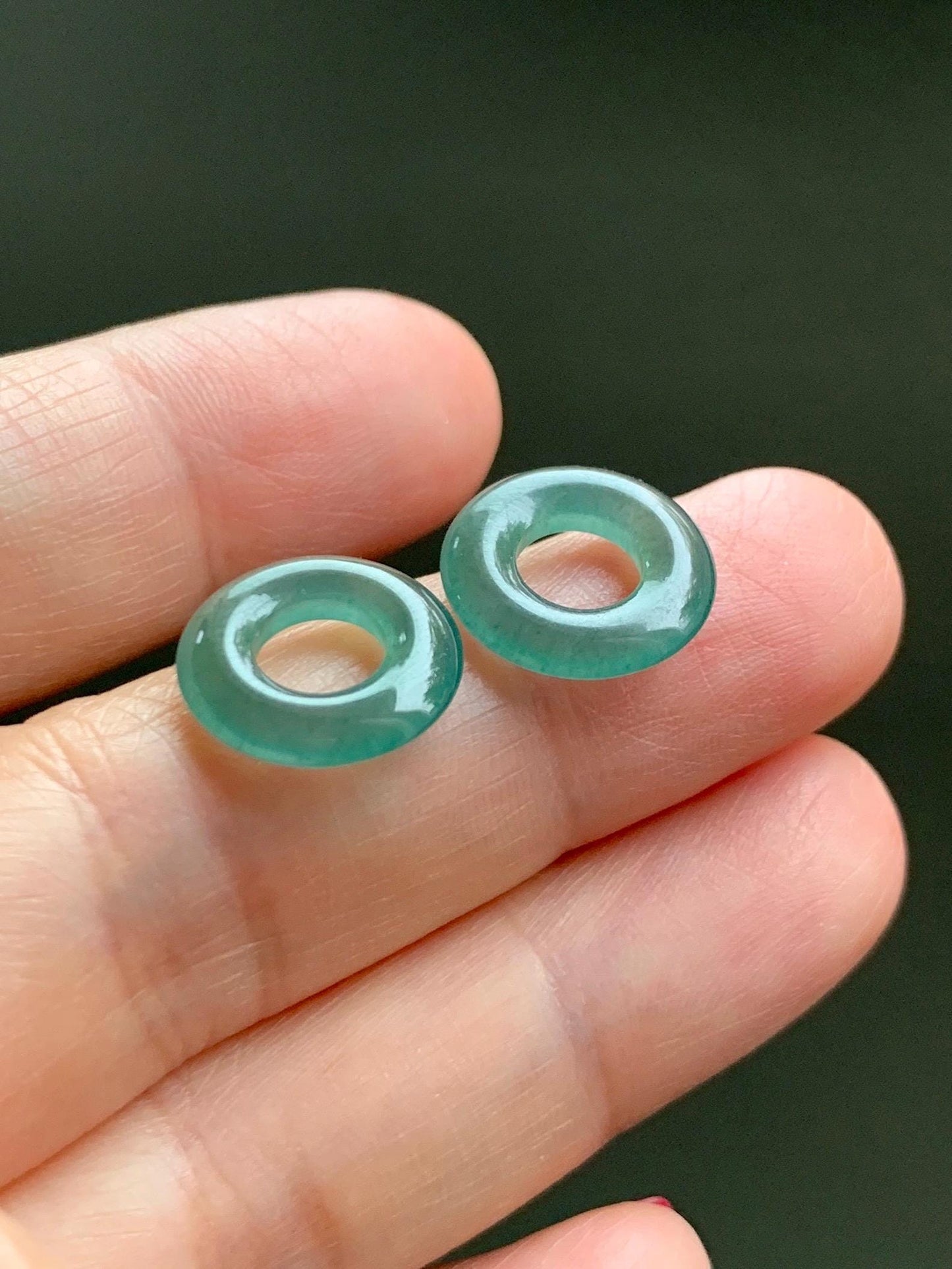 Natural Grade A Guatemalan Icy Translucent Teal Green Jade Jadeite Ping An Kou Donut Bamboo Style Hoop Earrings 天然冰危蓝绿翡翠小平安扣竹节耳包 ZJK150